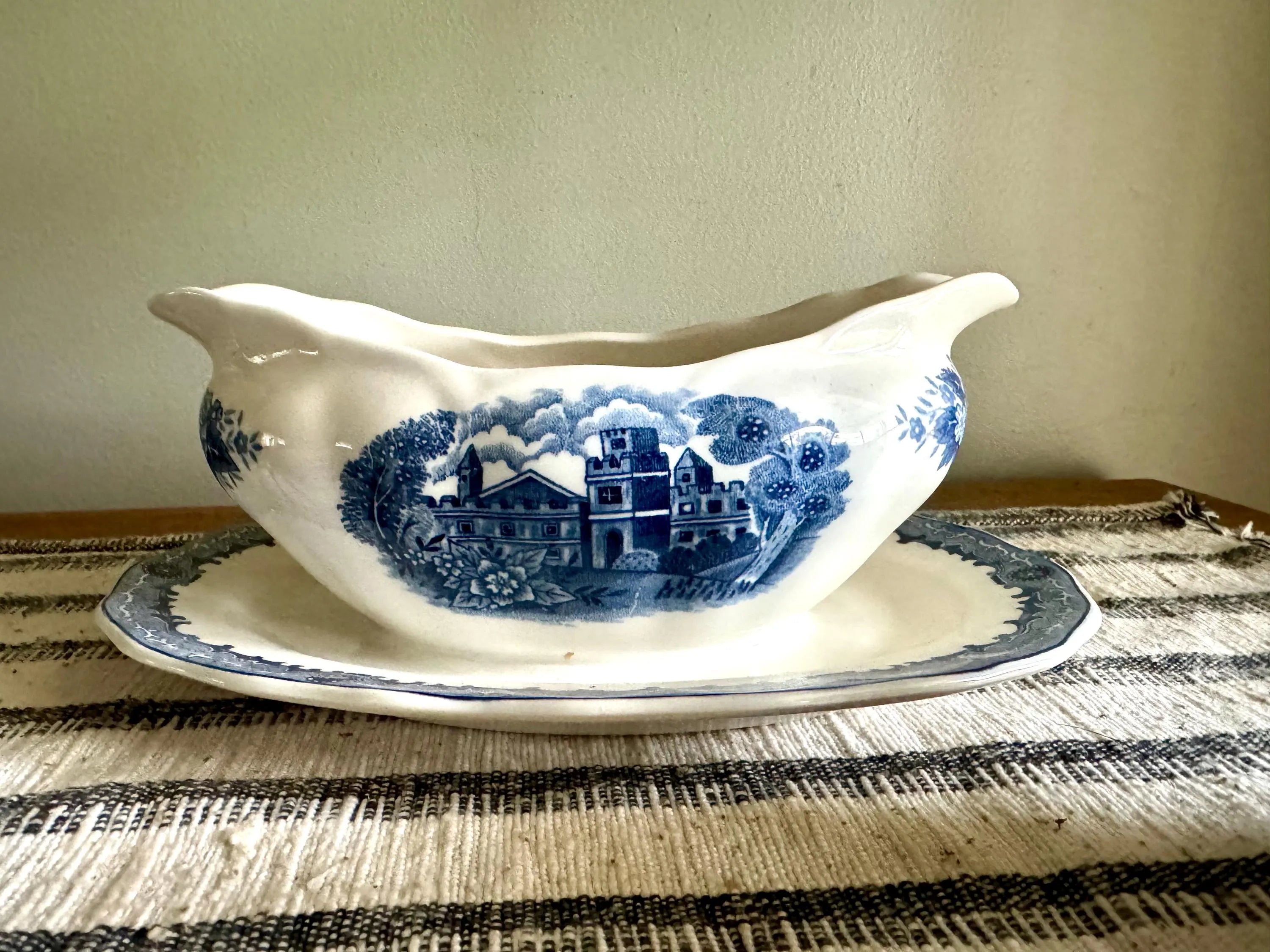 Vtg Nikko Blue Over White Serving Dishes | Nikko Double Phoenix Blue Castle & Floral Print Serving China | 3 Blue Print Serving Dishes