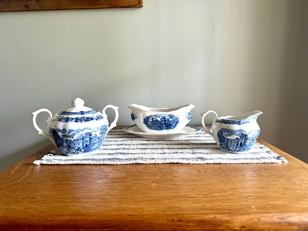 Vtg Nikko Blue Over White Serving Dishes | Nikko Double Phoenix Blue Castle & Floral Print Serving China | 3 Blue Print Serving Dishes