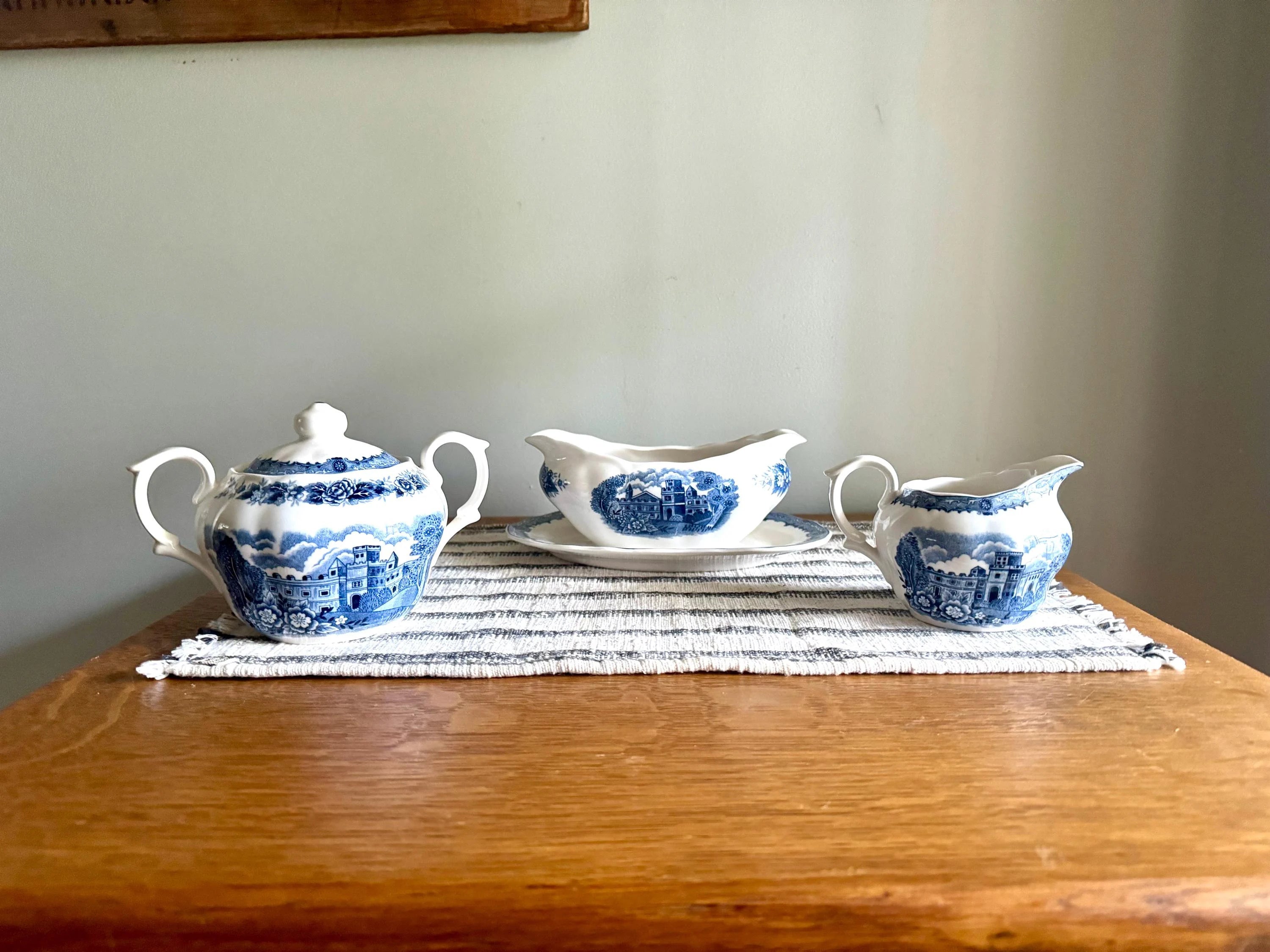 Vtg Nikko Blue Over White Serving Dishes | Nikko Double Phoenix Blue Castle & Floral Print Serving China | 3 Blue Print Serving Dishes