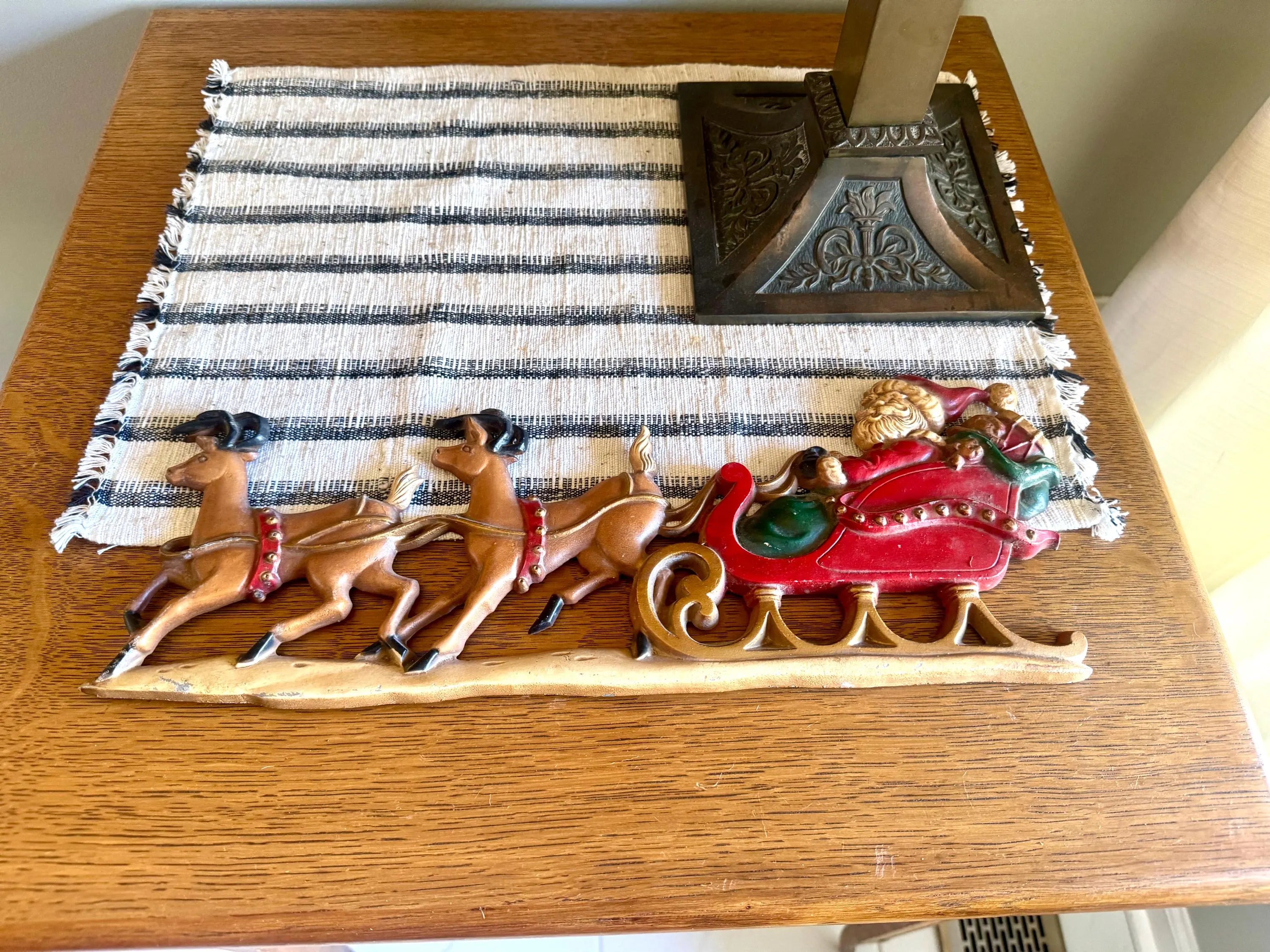Vtg Cast Aluminum Santa and Reindeer Wall Hanging | Sexton Aluminum Santa Clause and Two Reindeer Door Hanging | Holiday Decor