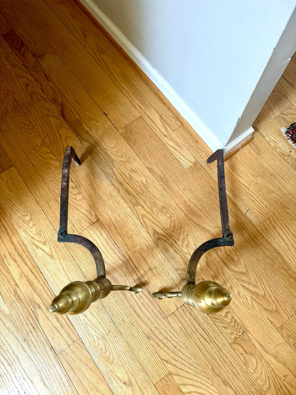 Antique Brass Federal Andirons | Distressed Brass Andirons | Pair Of Rustic Andirons | Patina Brass Firedogs | Brushed Brass Andirons