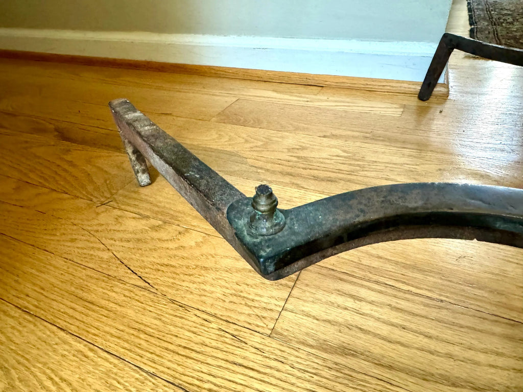 Antique Brass Federal Andirons | Distressed Brass Andirons | Pair Of Rustic Andirons | Patina Brass Firedogs | Brushed Brass Andirons