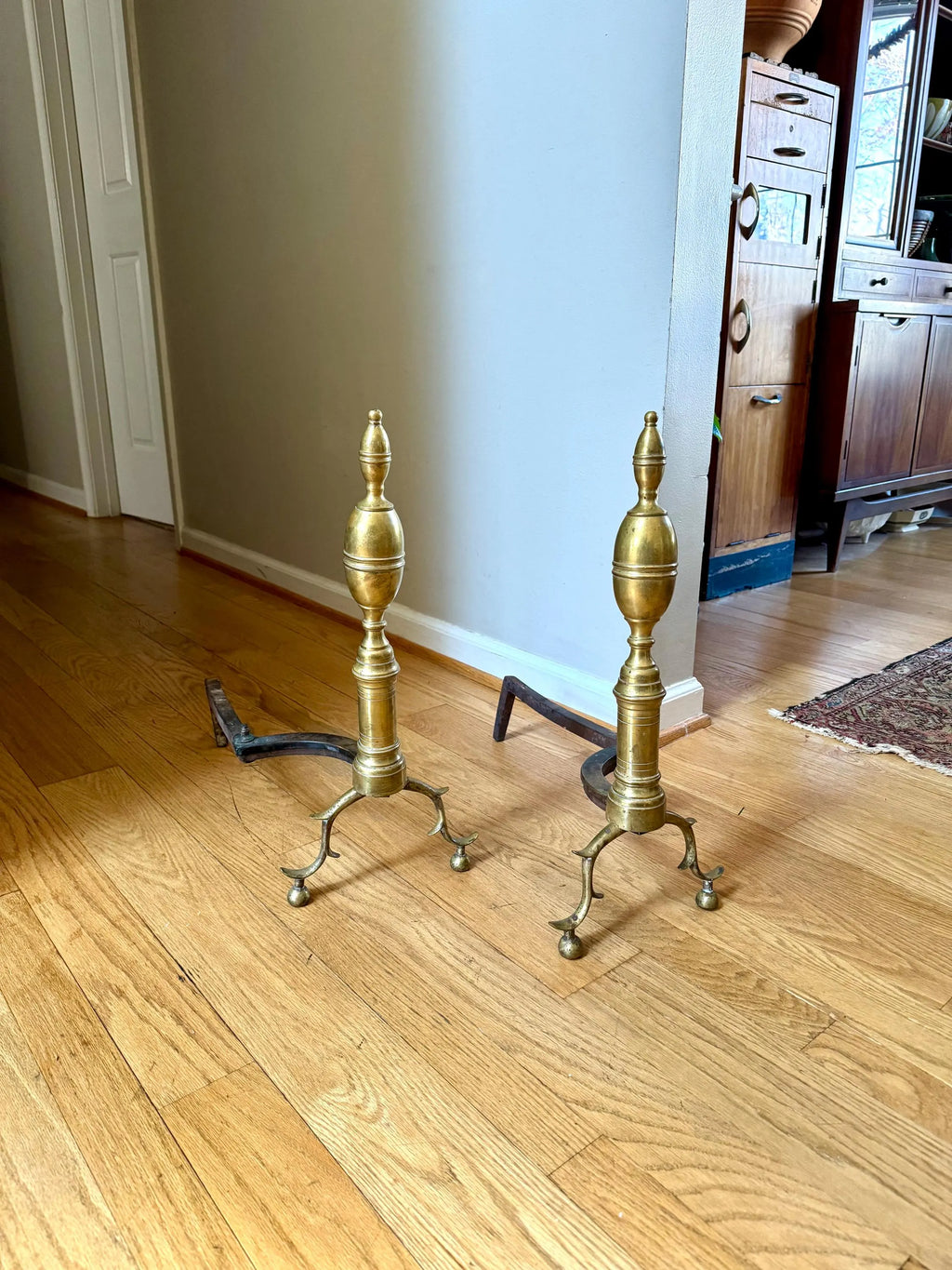 Antique Brass Federal Andirons | Distressed Brass Andirons | Pair Of Rustic Andirons | Patina Brass Firedogs | Brushed Brass Andirons