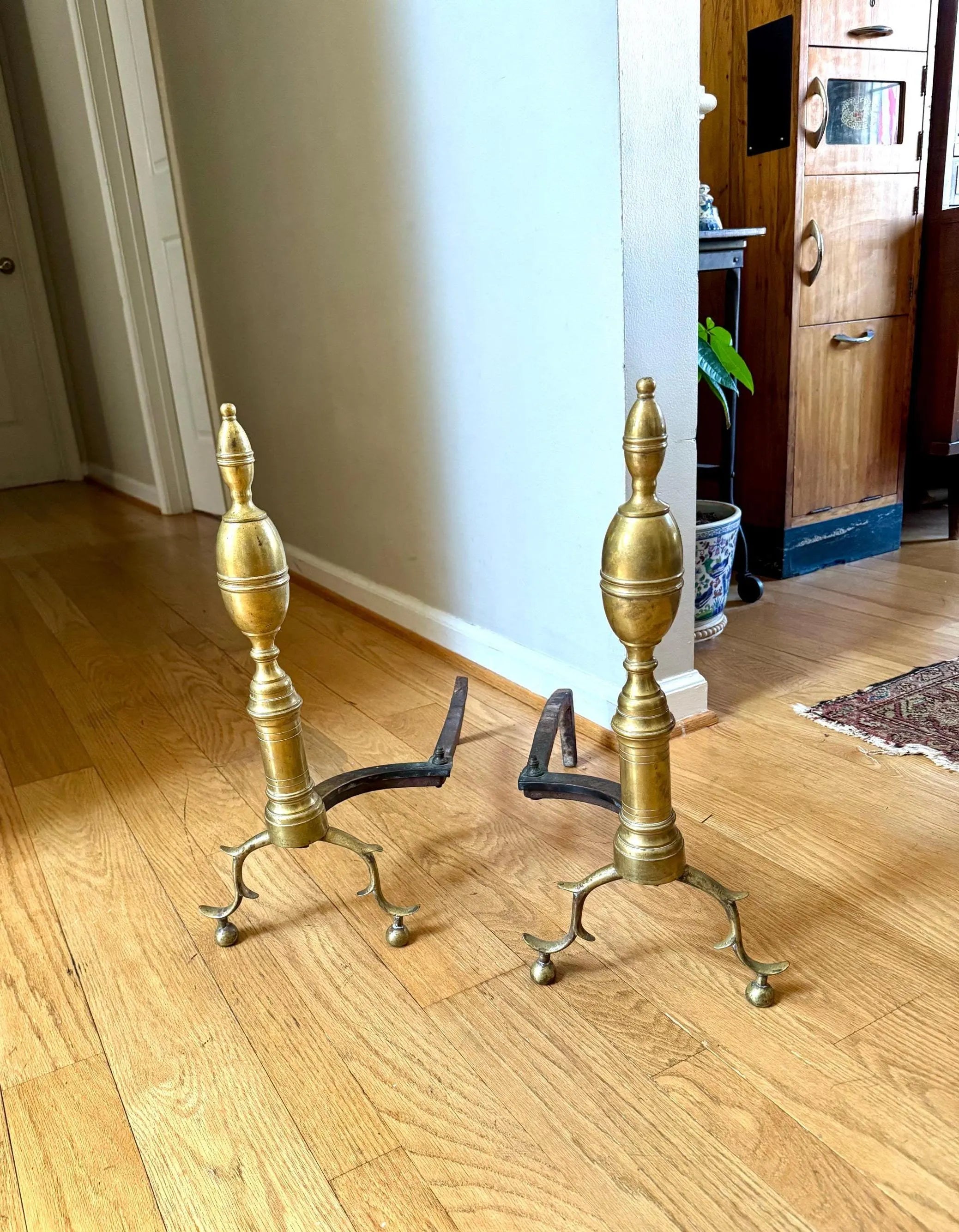 Antique Brass Federal Andirons | Distressed Brass Andirons | Pair Of Rustic Andirons | Patina Brass Firedogs | Brushed Brass Andirons