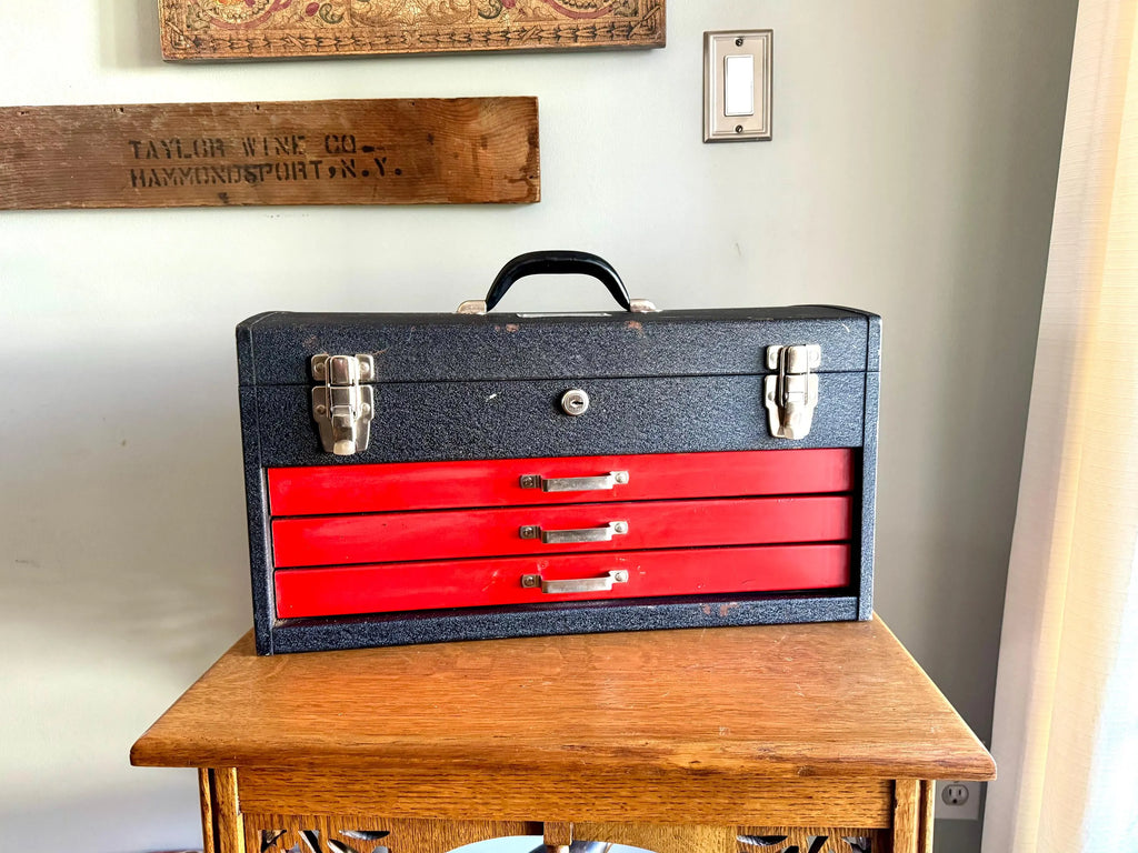 Vtg Heavy Penncraft Tool Box | Black and Red Penncraft Tool Box | Heavy Duty Toolbox With 3 Locking Drawers | Machinist Toolbox