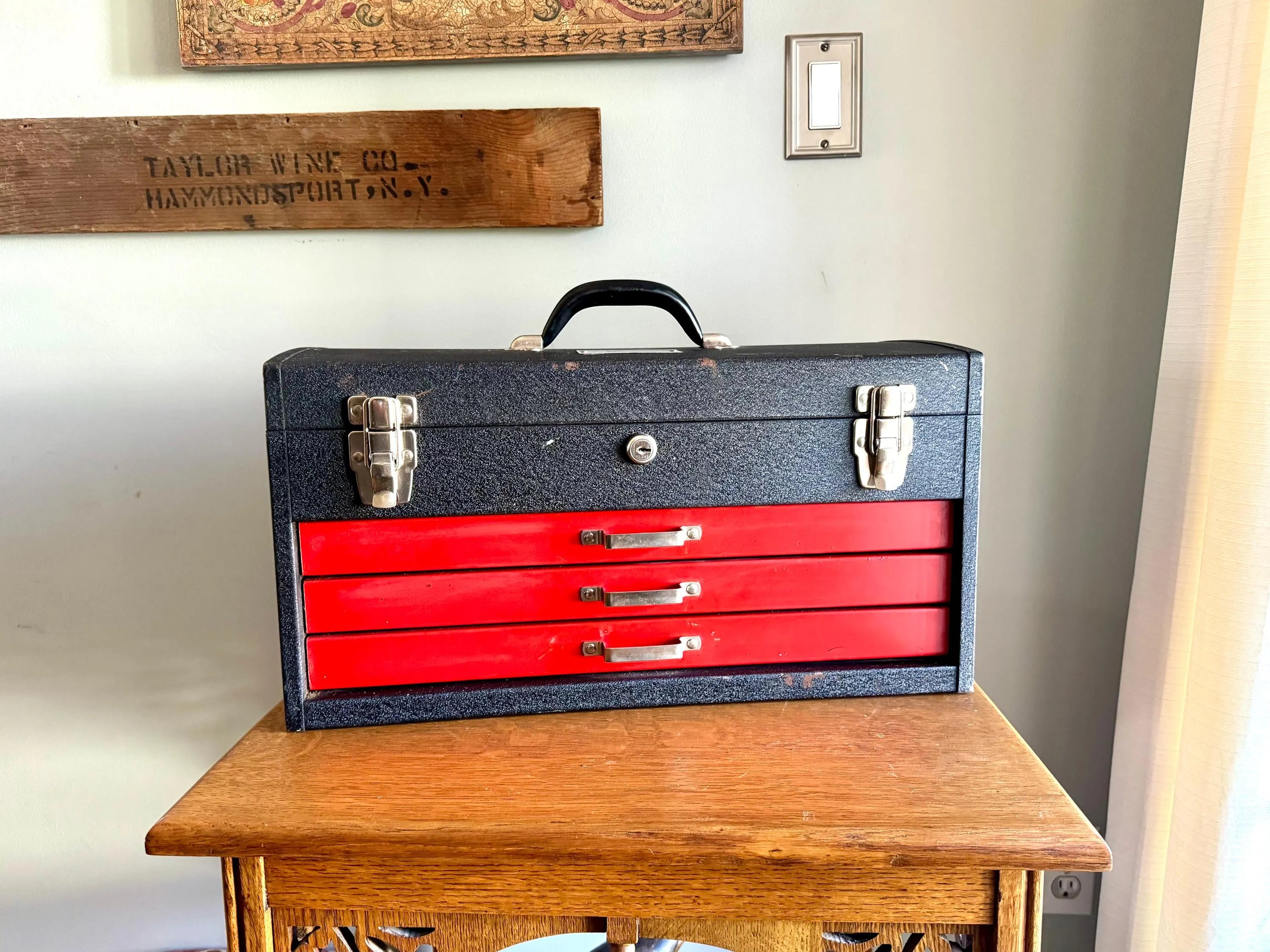 Vtg Heavy Penncraft Tool Box | Black and Red Penncraft Tool Box | Heavy Duty Toolbox With 3 Locking Drawers | Machinist Toolbox
