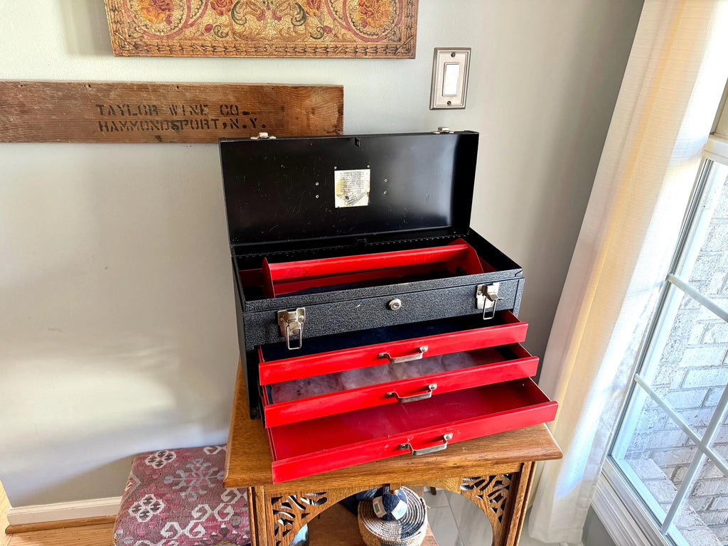 Vtg Heavy Penncraft Tool Box | Black and Red Penncraft Tool Box | Heavy Duty Toolbox With 3 Locking Drawers | Machinist Toolbox