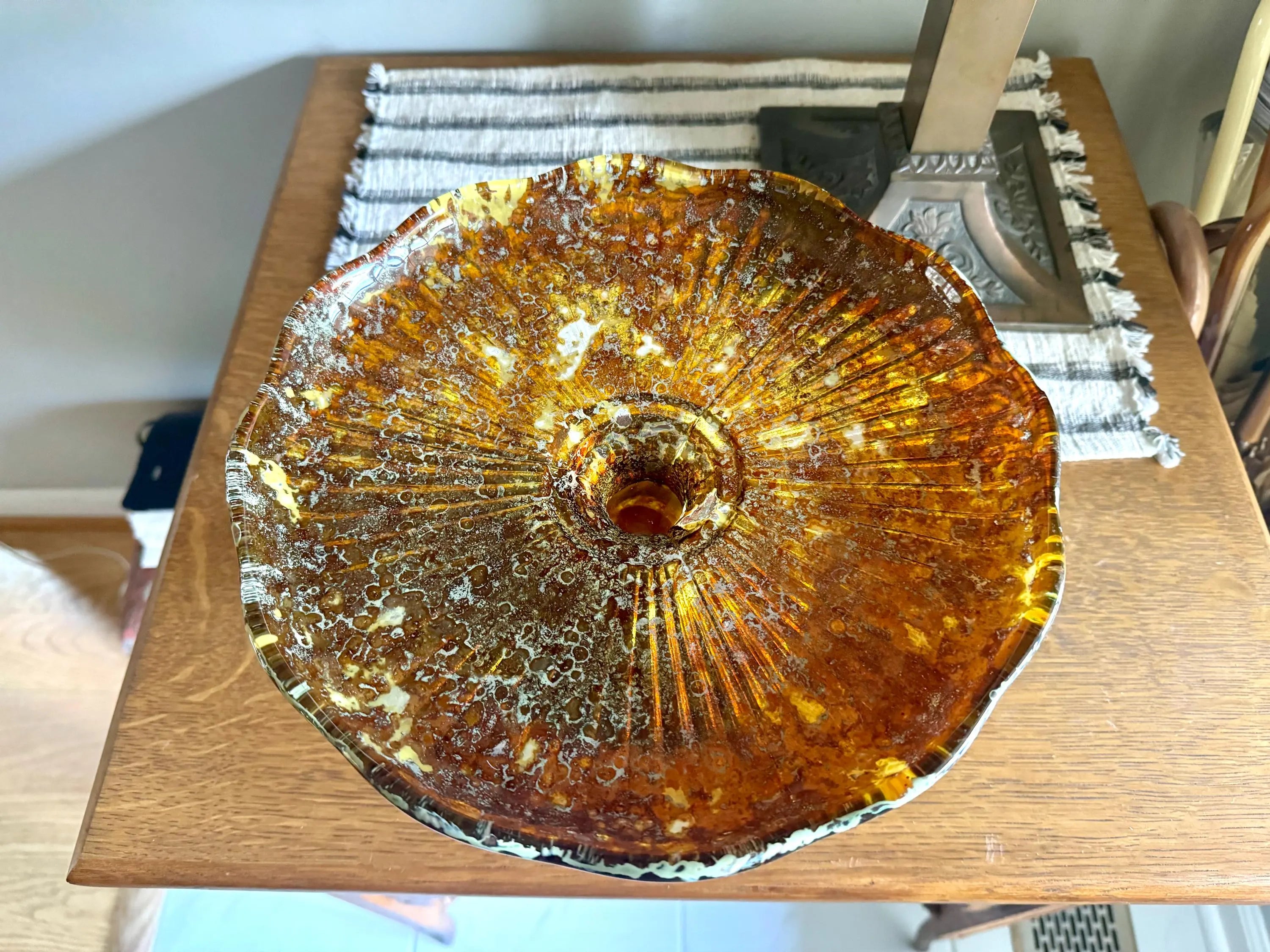Vtg Polish Glass Cake Stand | Large Marbled Amber Glass Pedestal Cake Stand | Unique Amber Glass Cake Display | Made In Poland