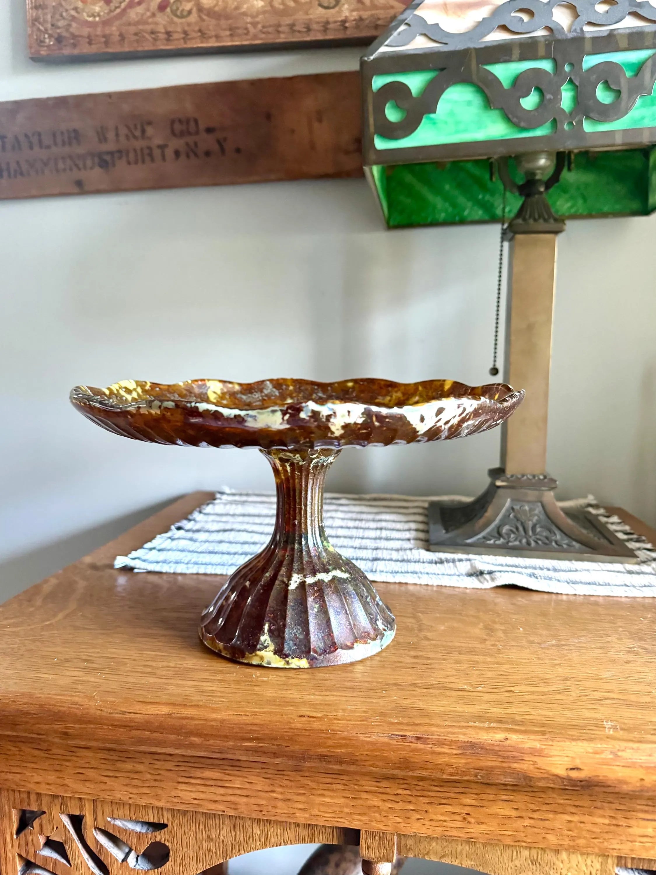 Vtg Polish Glass Cake Stand | Large Marbled Amber Glass Pedestal Cake Stand | Unique Amber Glass Cake Display | Made In Poland