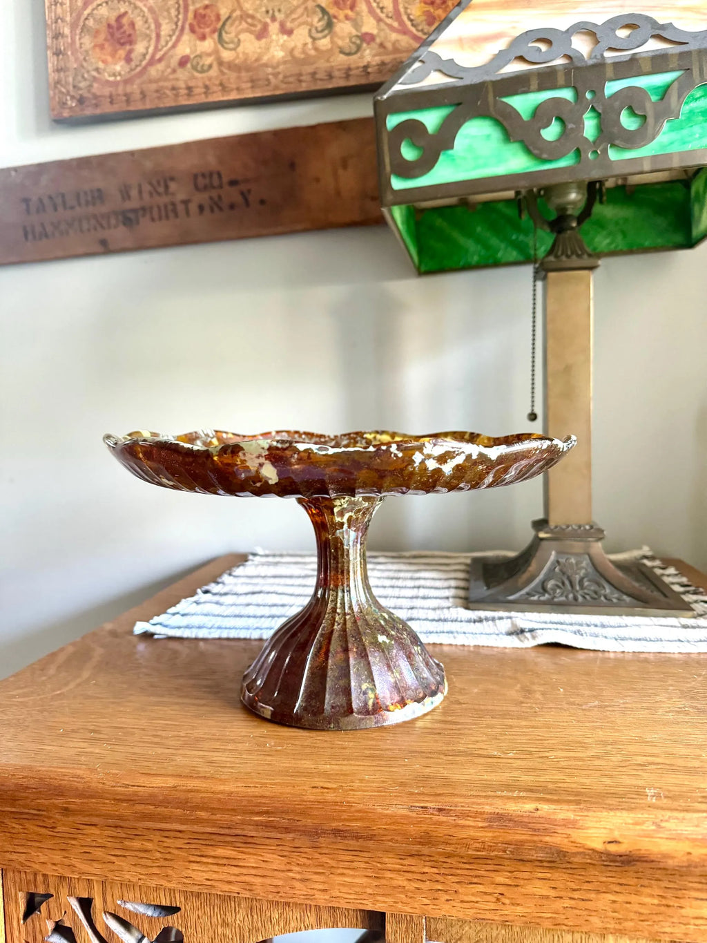 Vtg Polish Glass Cake Stand | Large Marbled Amber Glass Pedestal Cake Stand | Unique Amber Glass Cake Display | Made In Poland