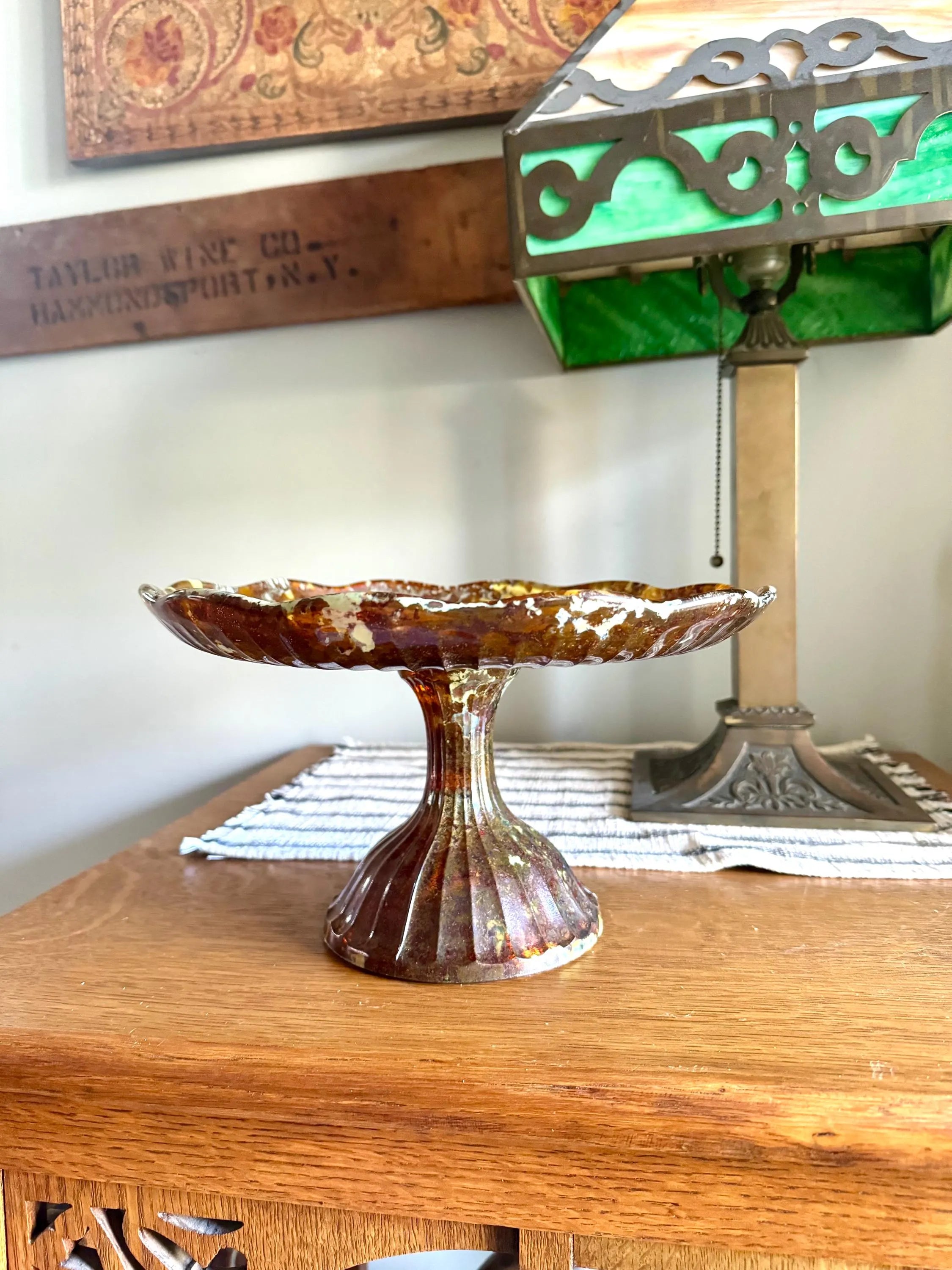 Vtg Polish Glass Cake Stand | Large Marbled Amber Glass Pedestal Cake Stand | Unique Amber Glass Cake Display | Made In Poland