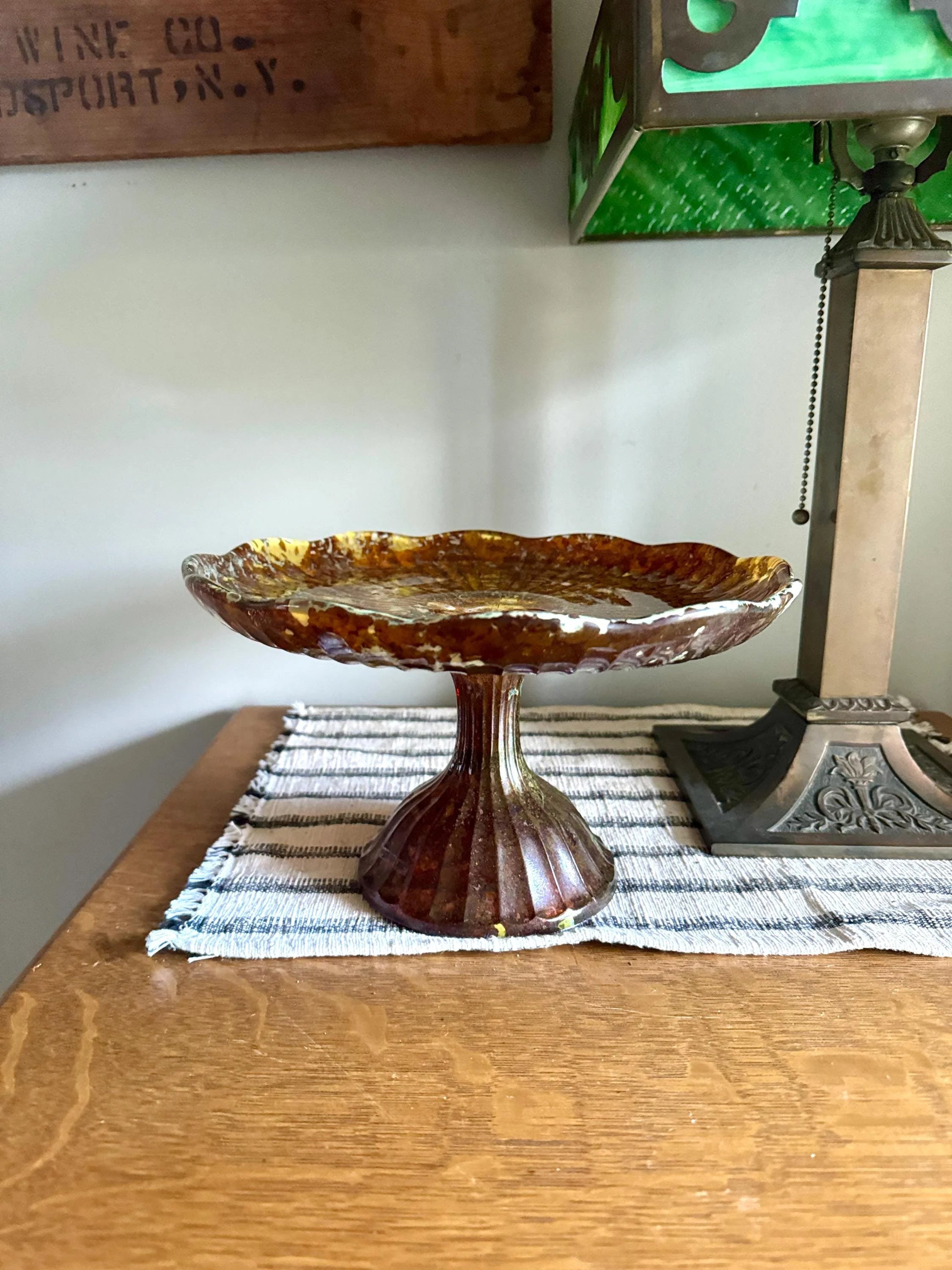 Vtg Polish Glass Cake Stand | Large Marbled Amber Glass Pedestal Cake Stand | Unique Amber Glass Cake Display | Made In Poland