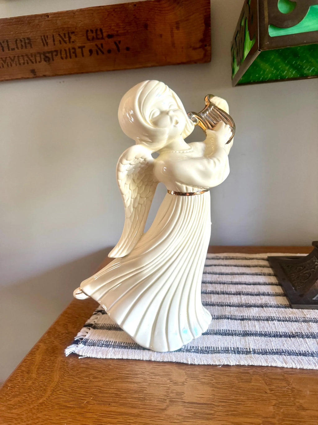 Vtg Large Angel With Harp Ceramic Figurine | White & Gold Atlantic Mold Ceramic Angle | Atlantic Mold Holiday Angel Figurine