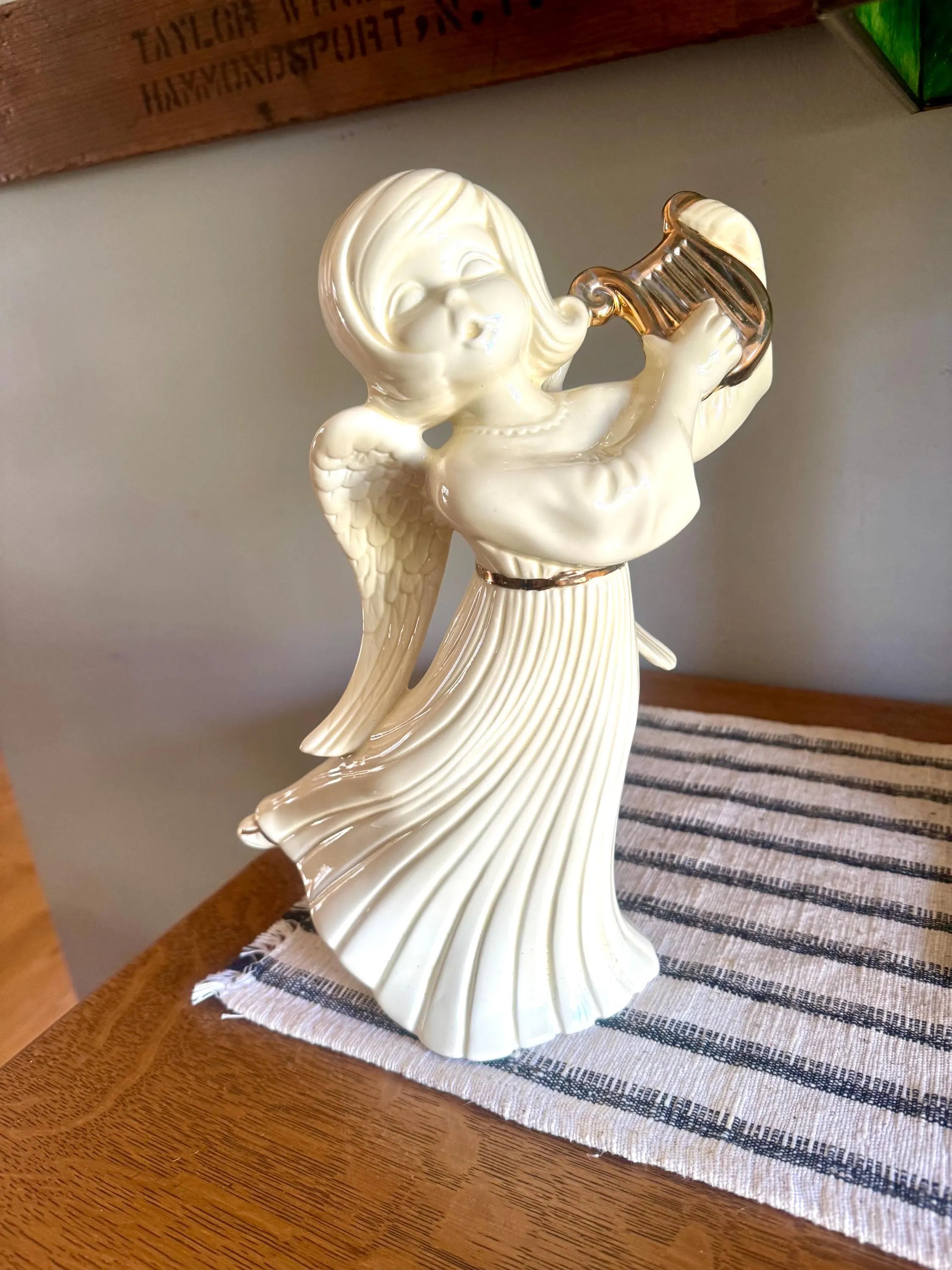 Vtg Large Angel With Harp Ceramic Figurine | White & Gold Atlantic Mold Ceramic Angle | Atlantic Mold Holiday Angel Figurine