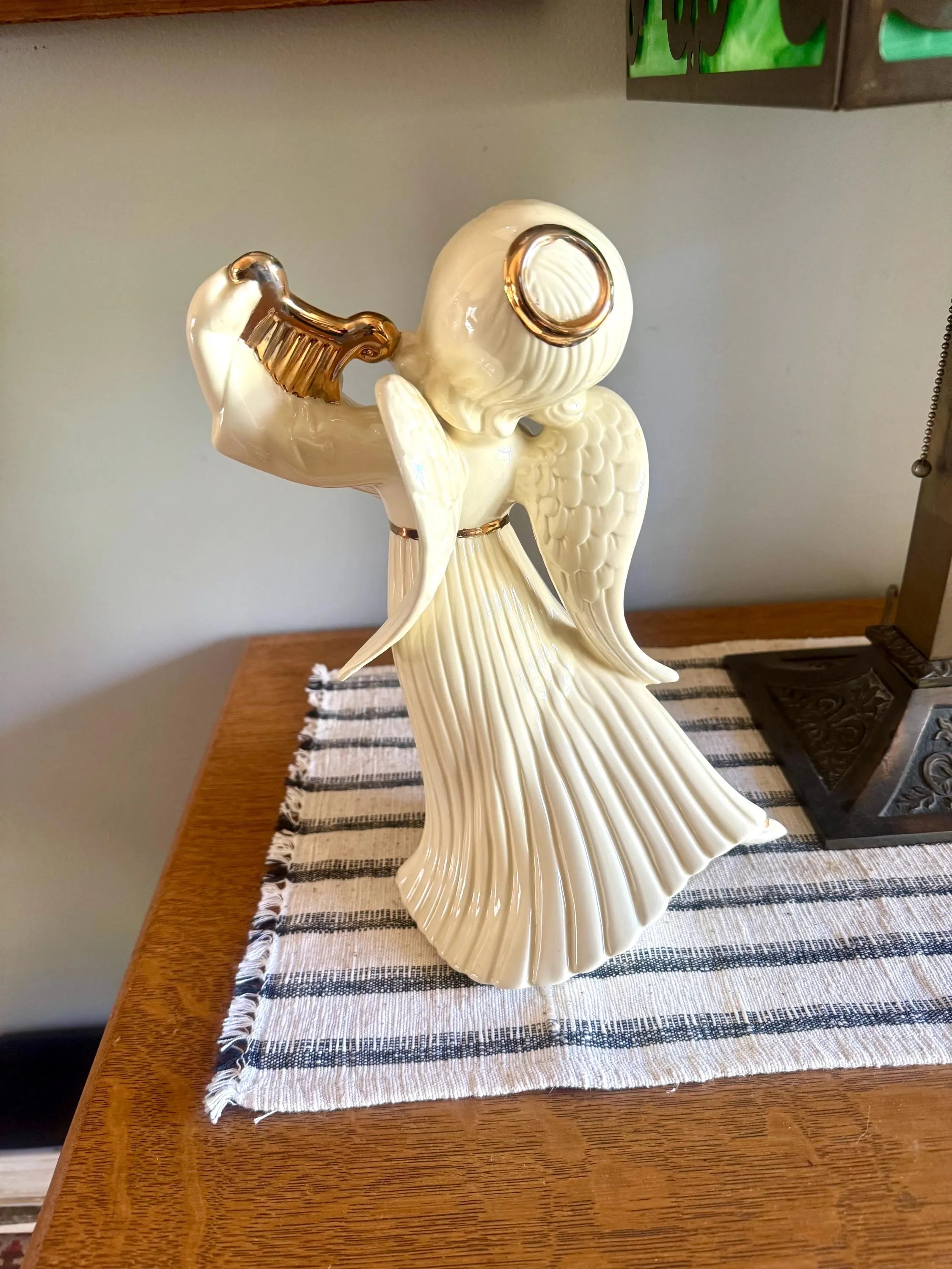 Vtg Large Angel With Harp Ceramic Figurine | White & Gold Atlantic Mold Ceramic Angle | Atlantic Mold Holiday Angel Figurine