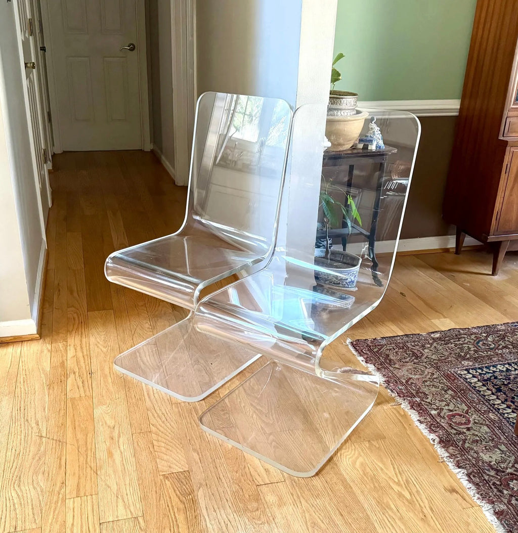 Set of 2 Lucite 'Z' Cantilever Chairs | Clear Lucite Z Chairs | MCM Plexi-Craft Acrylic Z Chairs | Modern "Z" Chairs (2 sets available)