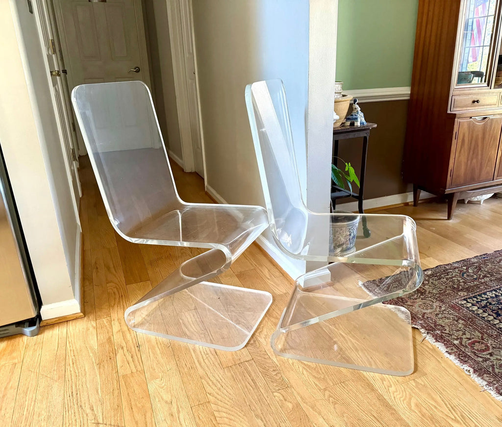 Set of 2 Lucite 'Z' Cantilever Chairs | Clear Lucite Z Chairs | MCM Plexi-Craft Acrylic Z Chairs | Modern "Z" Chairs (2 sets available)