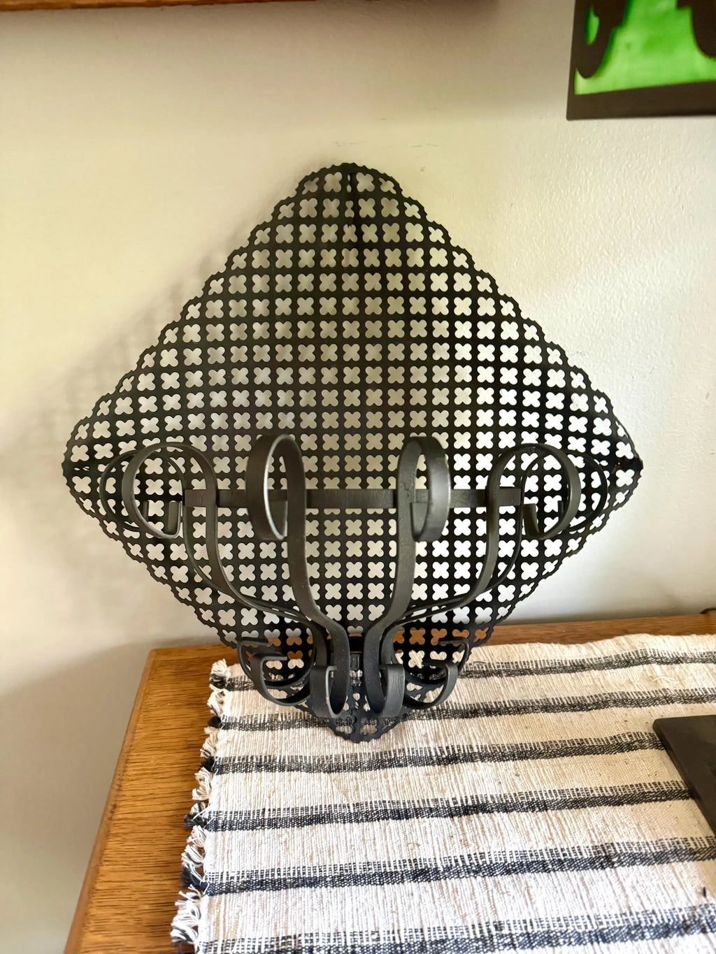 Vtg Pierced Metal Black Wall Planter | Metal Lattice Wall Planter | Bent Metal Hanging Planter