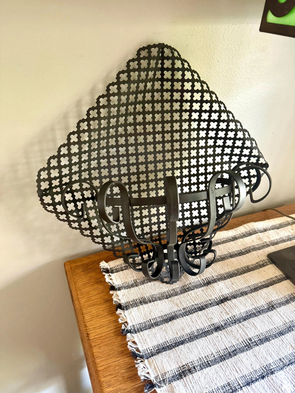 Vtg Pierced Metal Black Wall Planter | Metal Lattice Wall Planter | Bent Metal Hanging Planter
