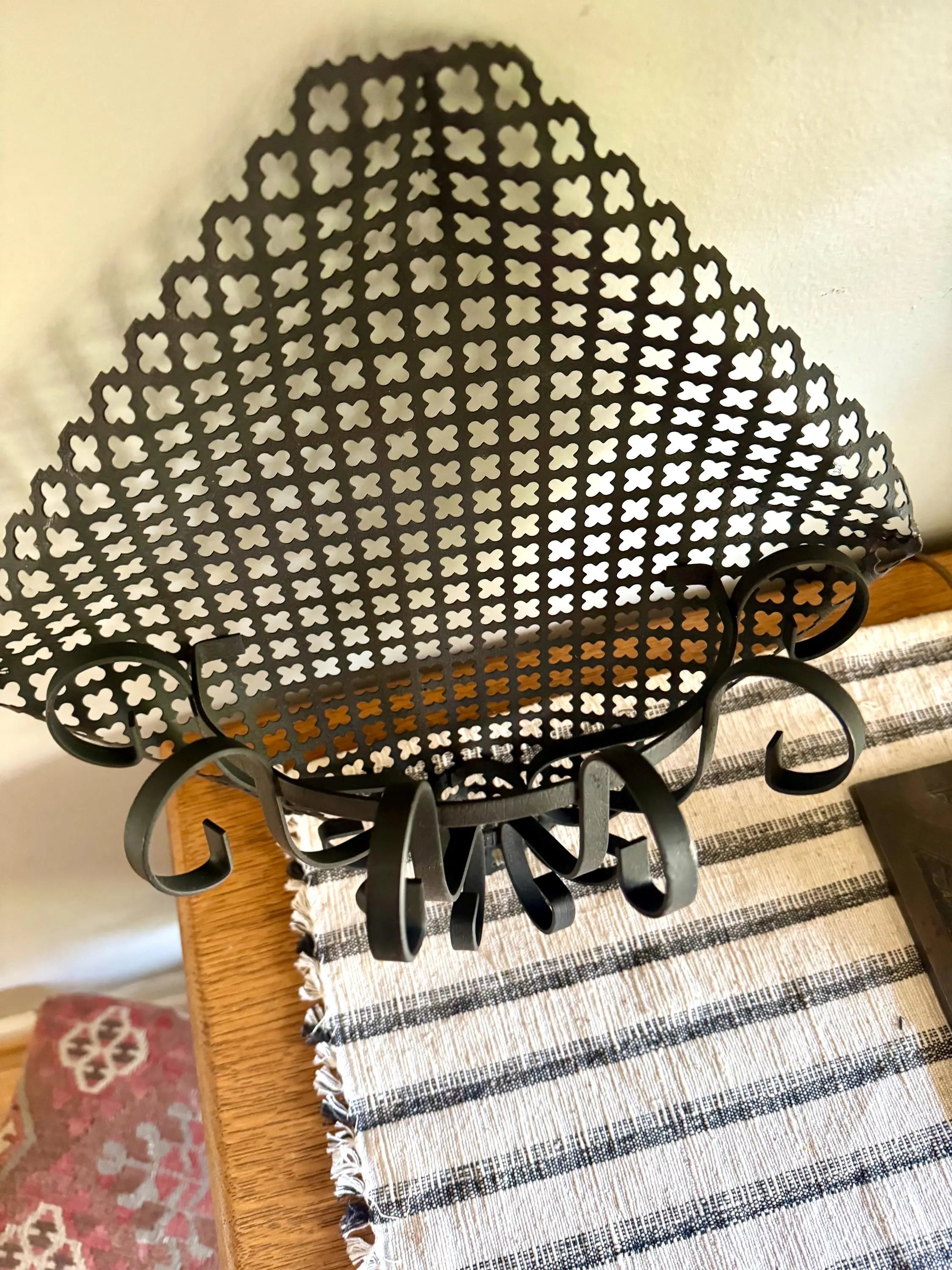 Vtg Pierced Metal Black Wall Planter | Metal Lattice Wall Planter | Bent Metal Hanging Planter