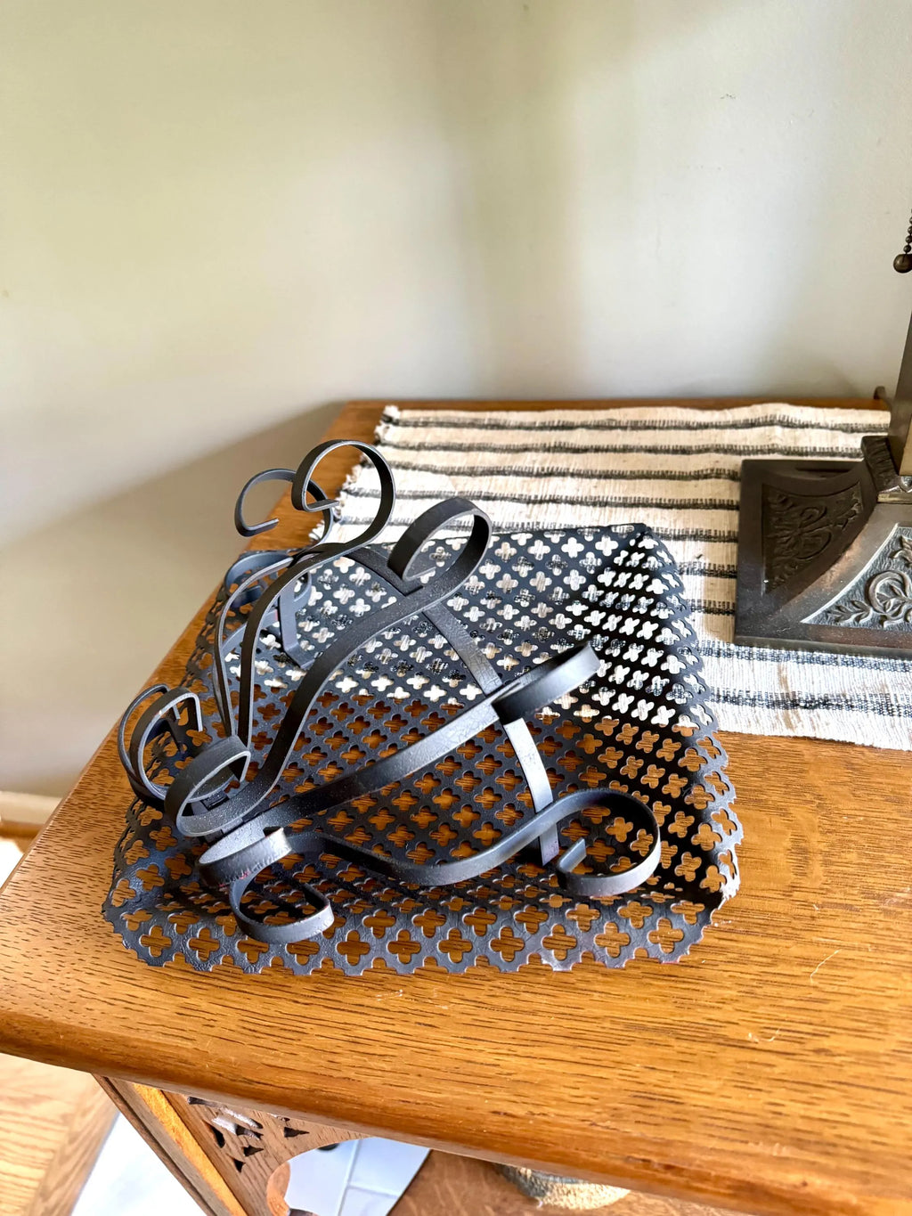 Vtg Pierced Metal Black Wall Planter | Metal Lattice Wall Planter | Bent Metal Hanging Planter