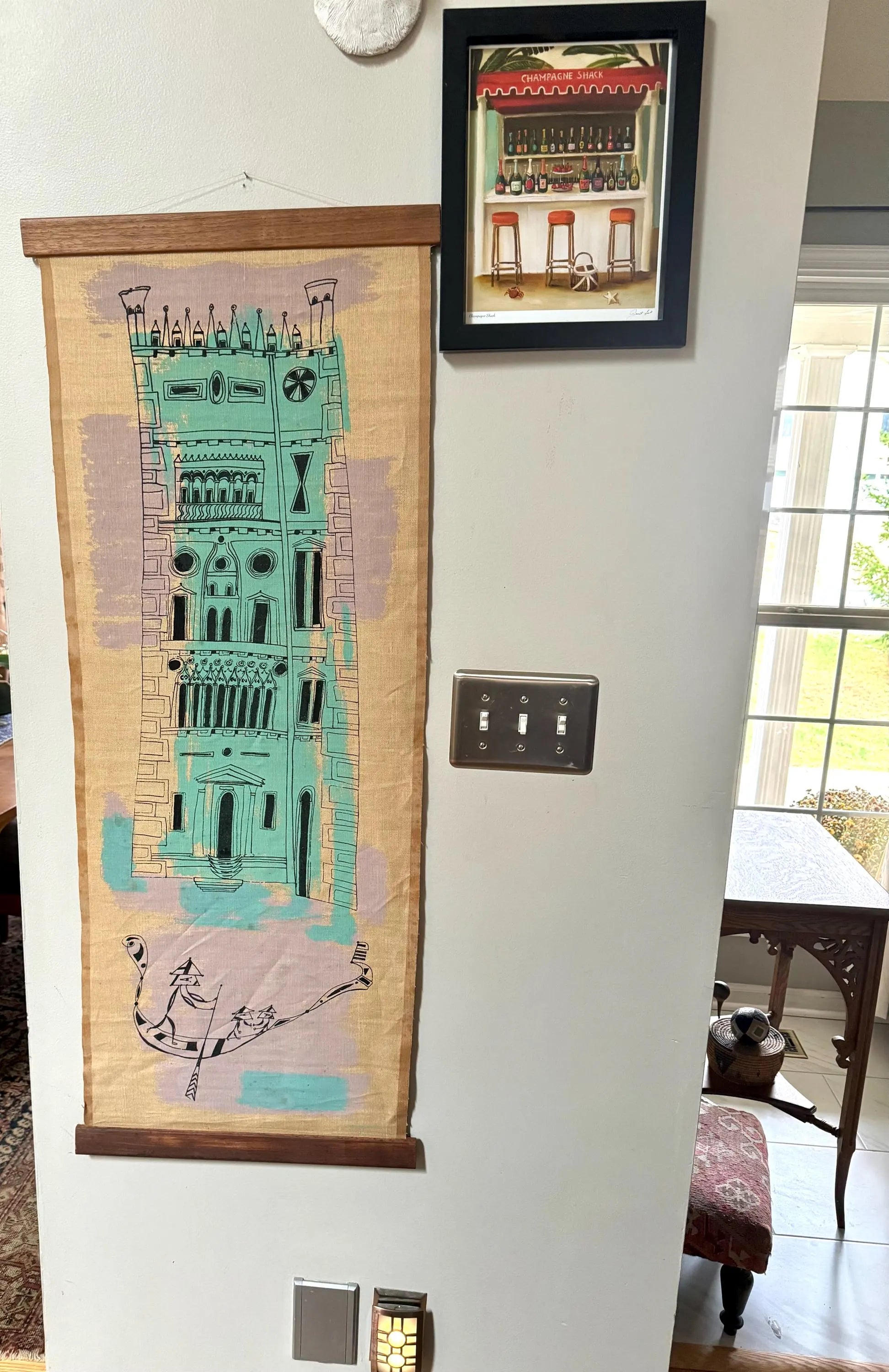 Vtg Bruno Capacci Surrealist Silkscreen Scroll Art | Burlap Scroll Art | Don Quixote Castle Wall Hanging| Colorful Capacci Signed Scroll