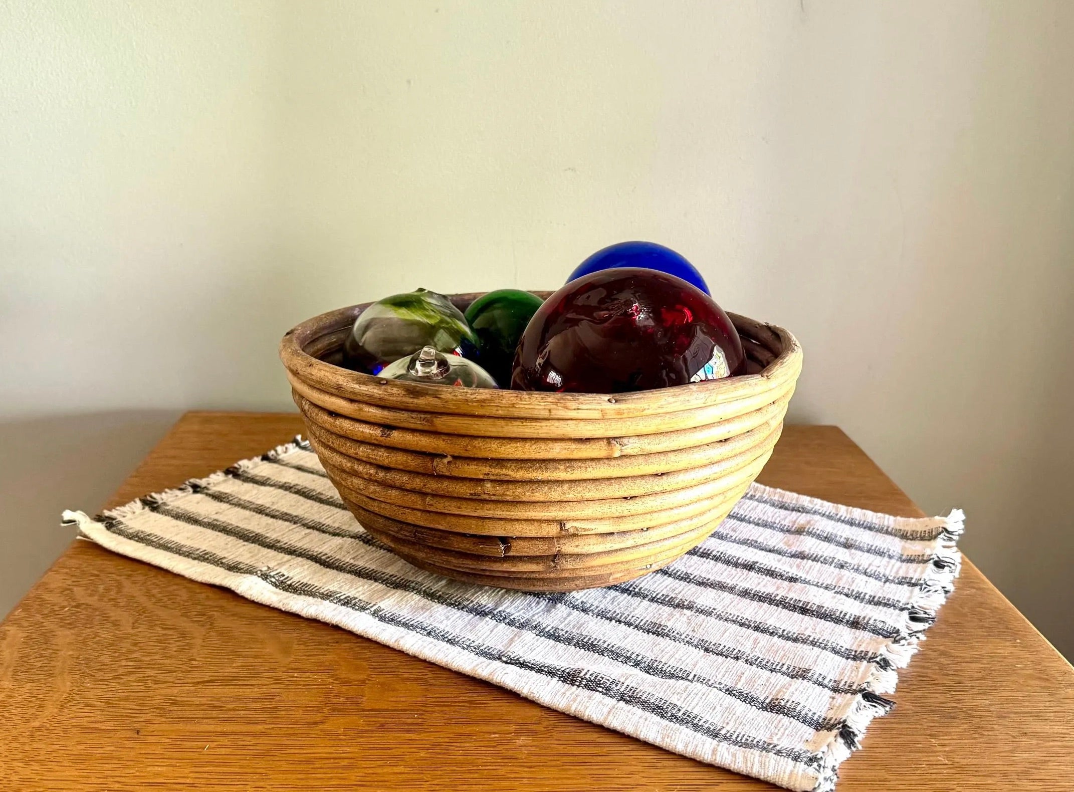 Vtg Coiled Pencil Reed Bowl | Large Pencil Reed Bamboo Bowl | Gabriella Crespi Style Rattan Basket | Center Piece Basket
