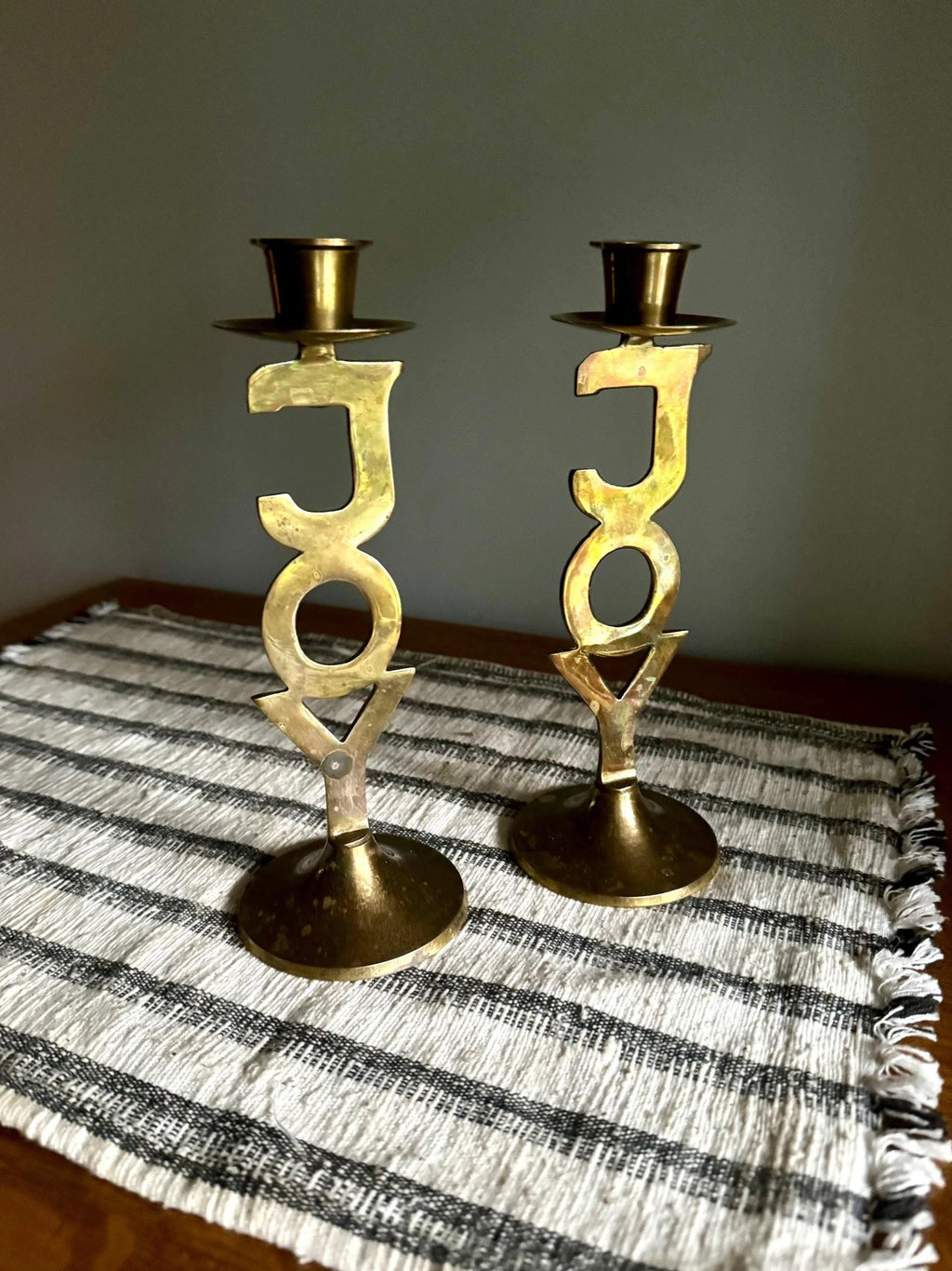 Vtg Pair of Brass "Joy" Holiday Candlestick Holders | International Silver Co. Solid Brass Candle Holders | Holiday Decor Candleholders