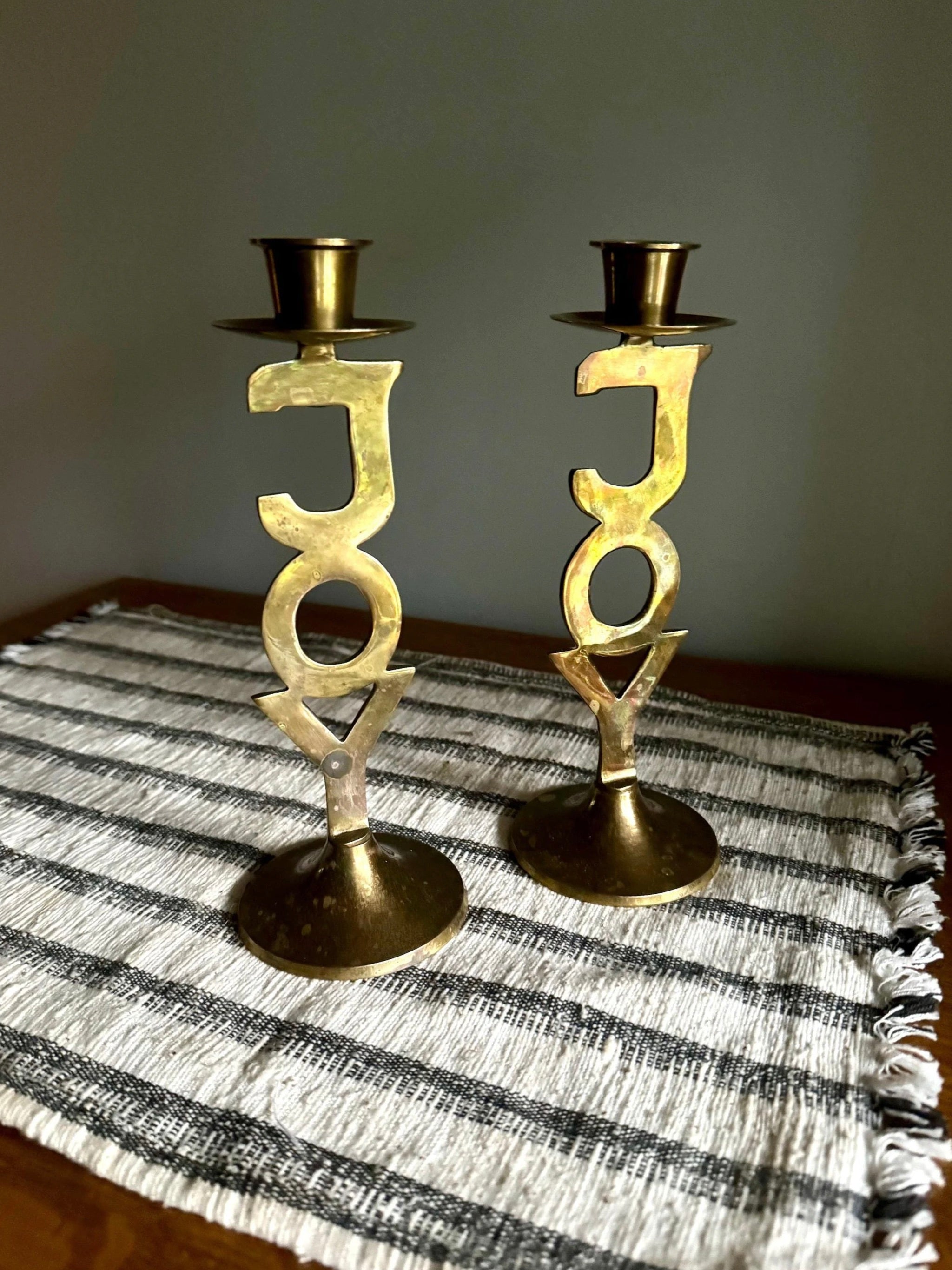 Vtg Pair of Brass "Joy" Holiday Candlestick Holders | International Silver Co. Solid Brass Candle Holders | Holiday Decor Candleholders