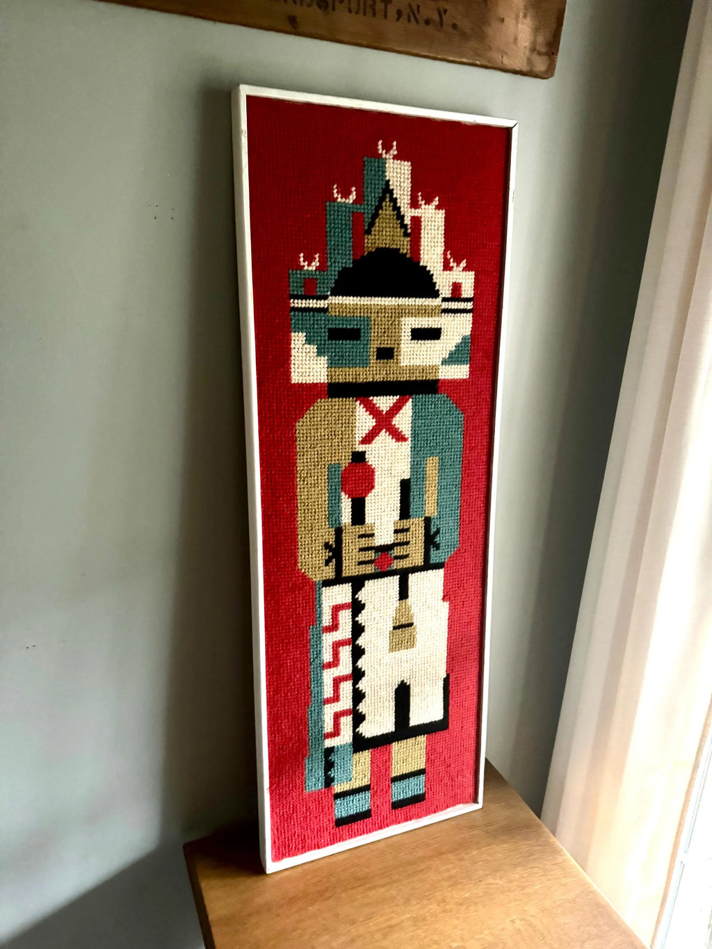 Vtg Framed Kachina Hook Rug | Native Kachina Rug In Frame | Pueblo Kachina Framed Hook Rug 42" x 15"