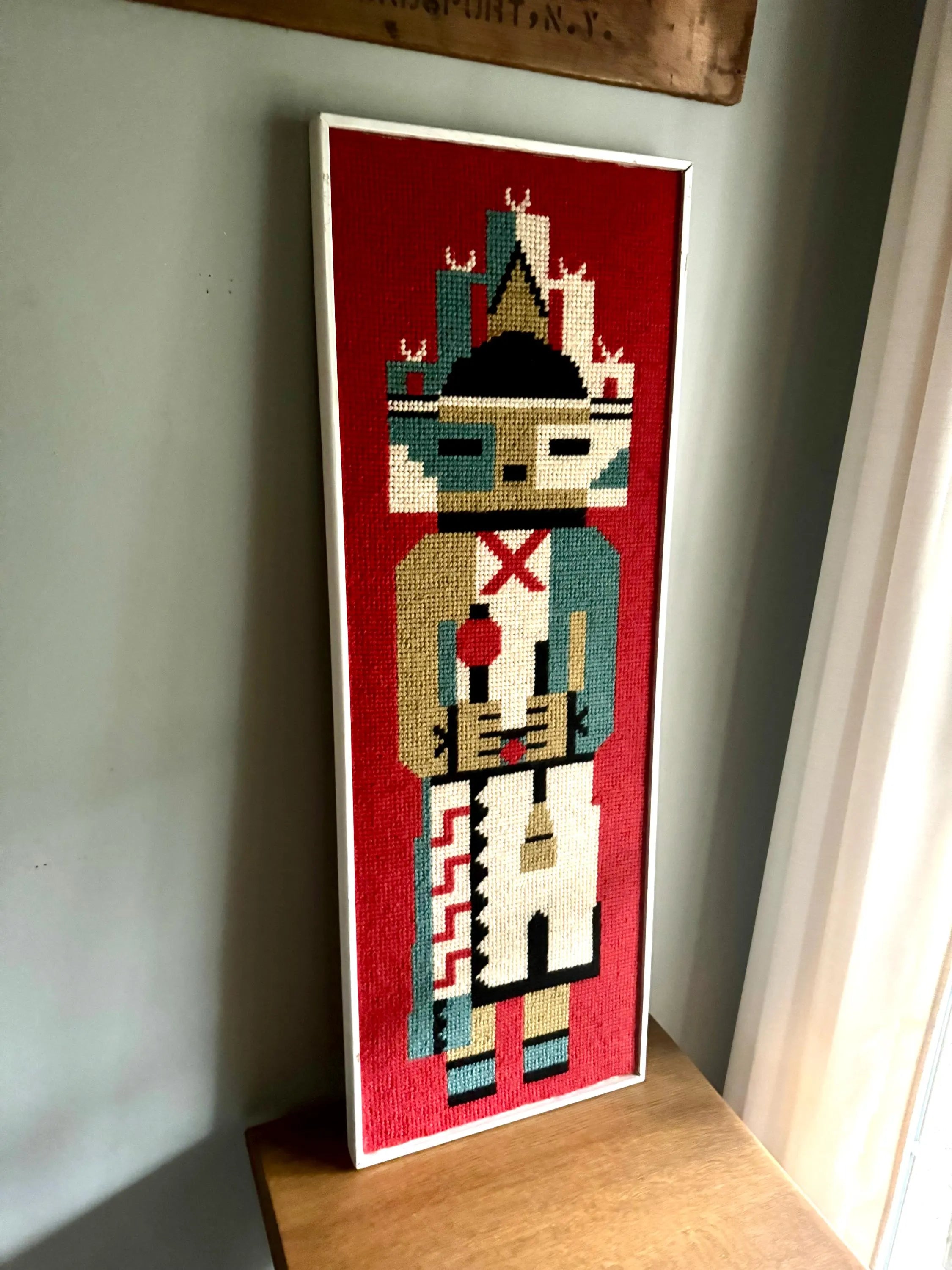 Vtg Framed Kachina Hook Rug | Native Kachina Rug In Frame | Pueblo Kachina Framed Hook Rug 42" x 15"