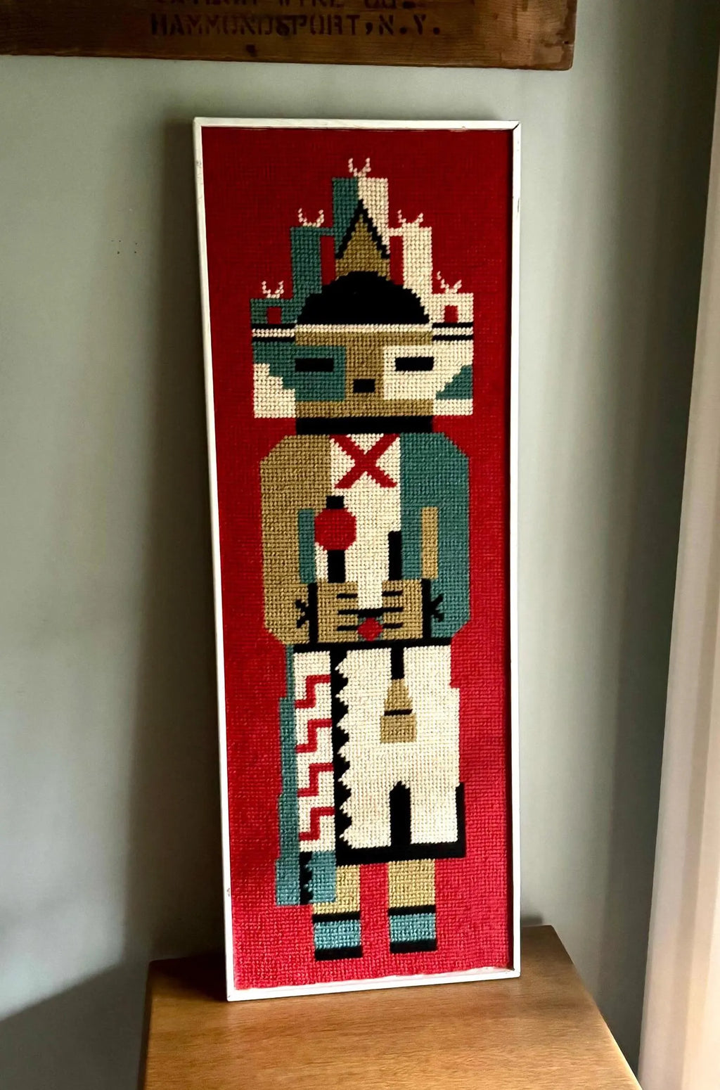 Vtg Framed Kachina Hook Rug | Native Kachina Rug In Frame | Pueblo Kachina Framed Hook Rug 42" x 15"