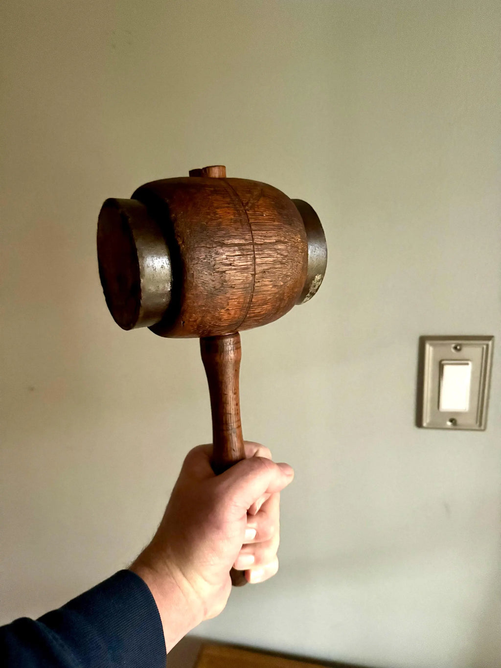 Vtg Iron Ring Wood Mallet | Hand Made Wooden Mallet | Decor Wooden Mallet | Wooden Industrial Hammer| Woodworkers Mallet | Sledge Hammer