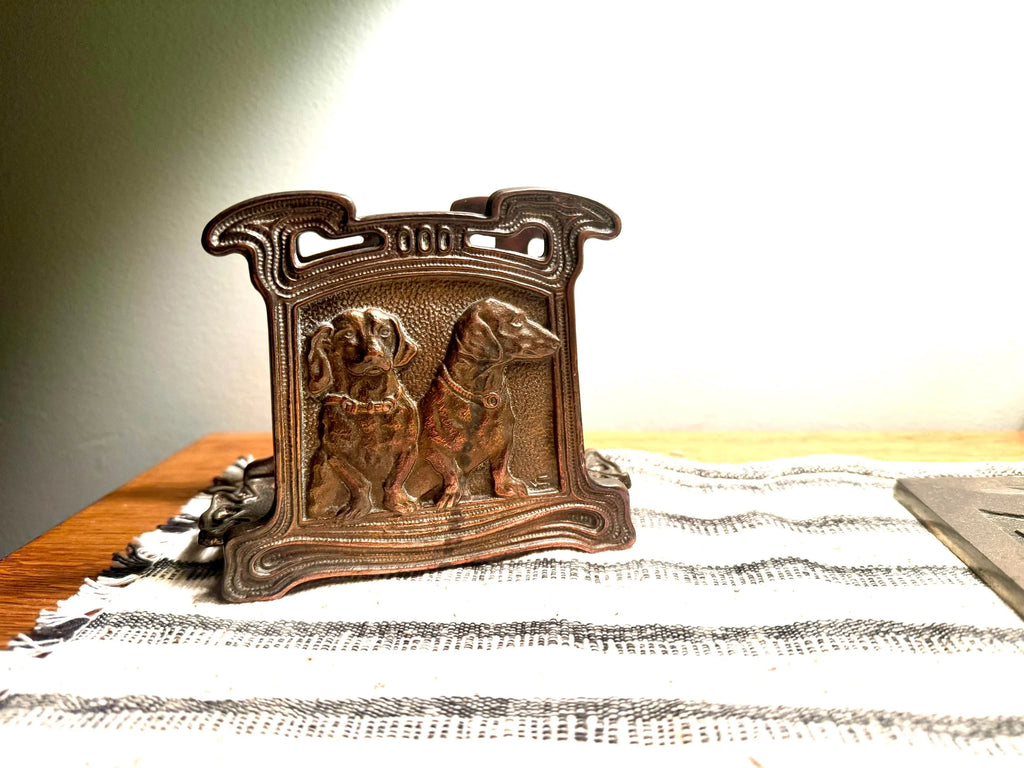 Vtg Bronze/Brass Dachshund Napkin Holder | CJO Judd Cast Iron Dachshund Letter Holder | Cast Iron Dachshund Puppy Napkin Holder 6652