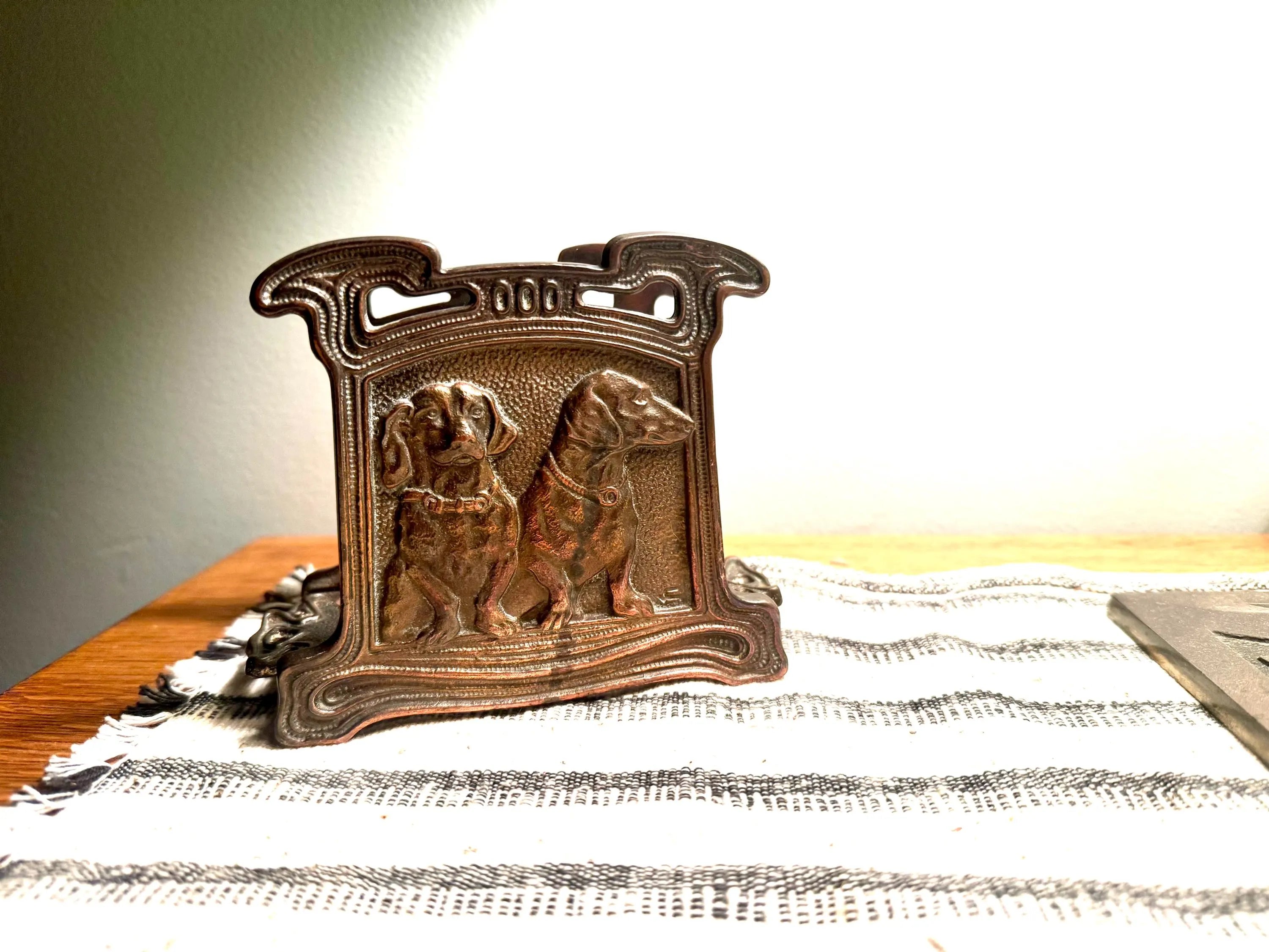 Vtg Bronze/Brass Dachshund Napkin Holder | CJO Judd Cast Iron Dachshund Letter Holder | Cast Iron Dachshund Puppy Napkin Holder 6652