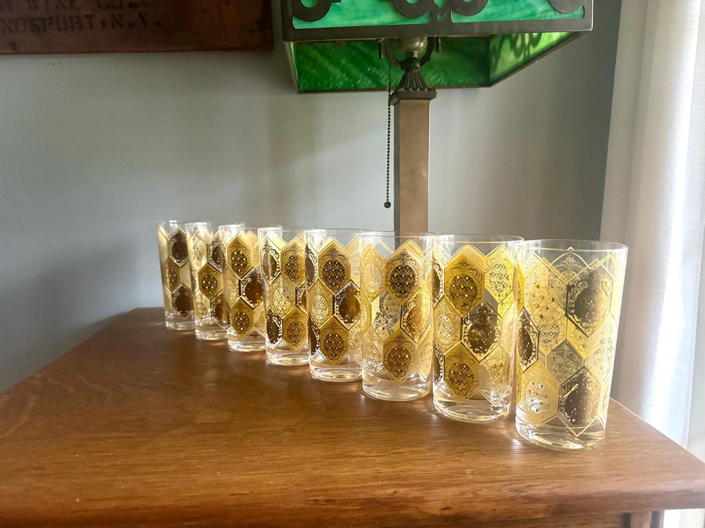 Vtg Set of 8 Cera Ned Harris Pineapple High Ball Glasses | Cera Glass 22k Gold Pineapple Glasses | Highball Ned Harris Pineapple Glasses