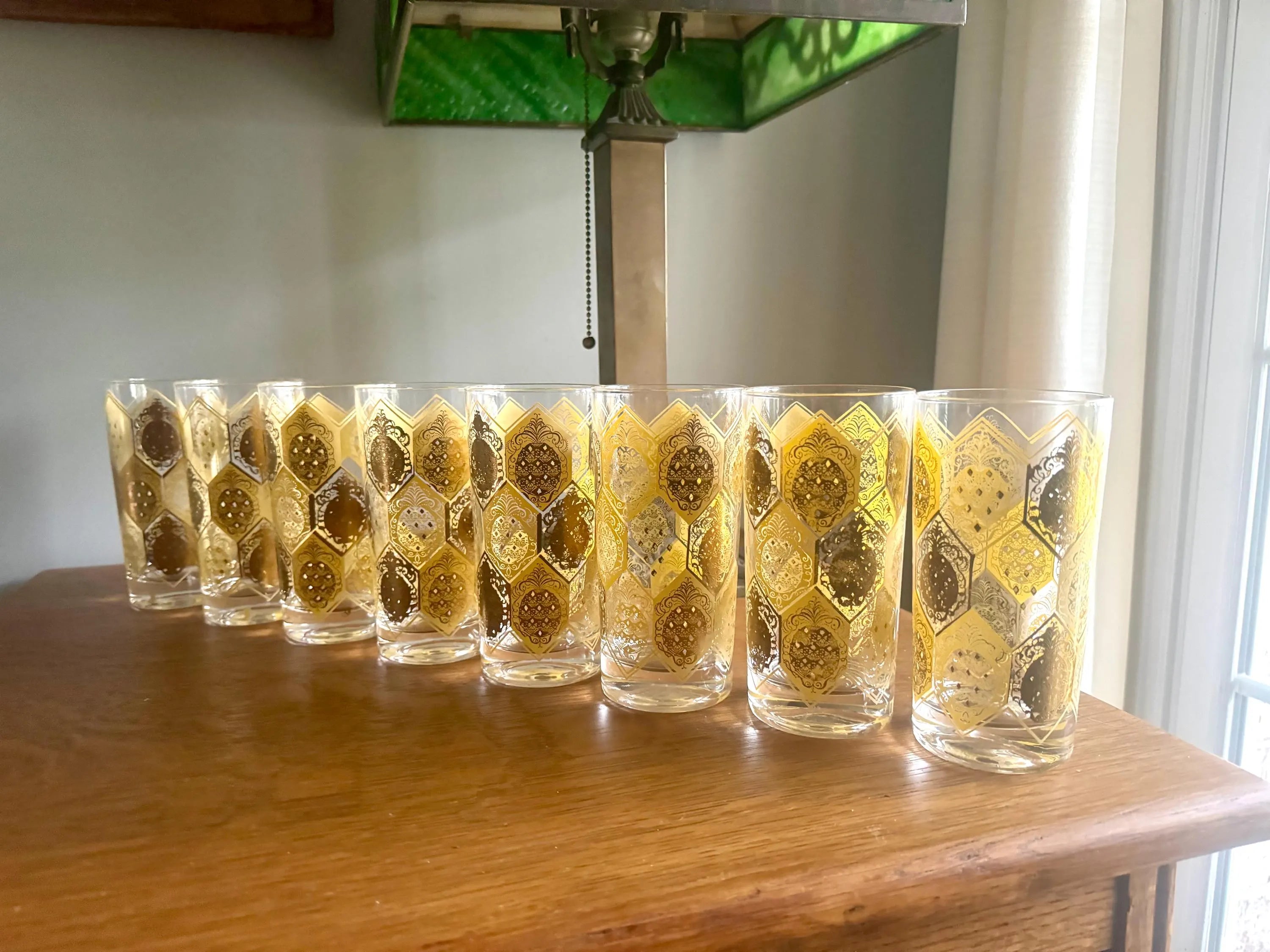Vtg Set of 8 Cera Ned Harris Pineapple High Ball Glasses | Cera Glass 22k Gold Pineapple Glasses | Highball Ned Harris Pineapple Glasses
