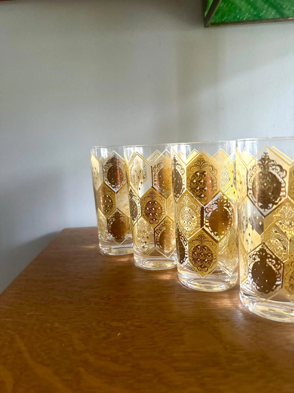 Vtg Set of 8 Cera Ned Harris Pineapple High Ball Glasses | Cera Glass 22k Gold Pineapple Glasses | Highball Ned Harris Pineapple Glasses