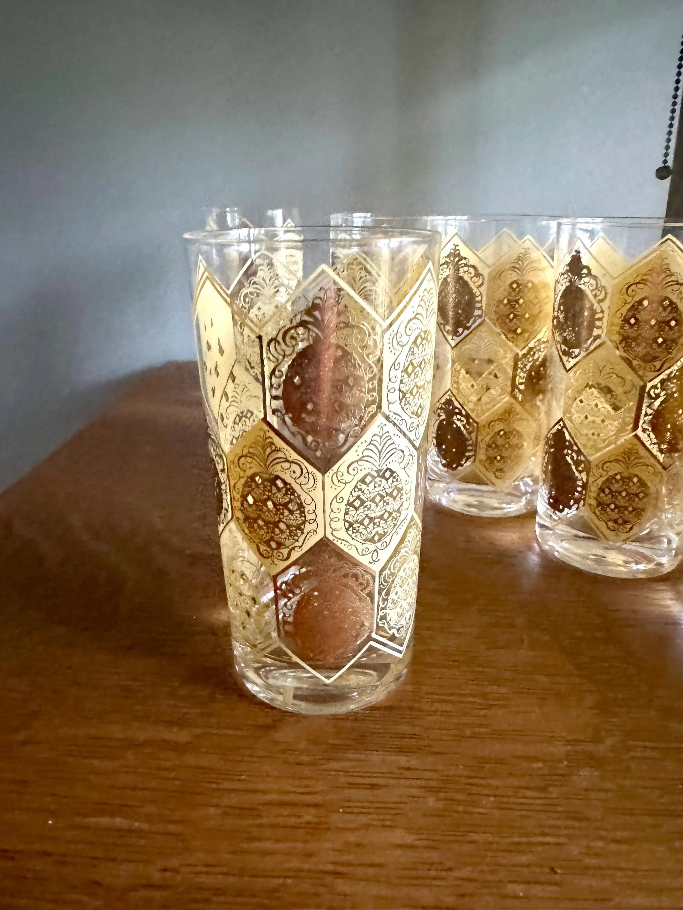Vtg Set of 8 Cera Ned Harris Pineapple High Ball Glasses | Cera Glass 22k Gold Pineapple Glasses | Highball Ned Harris Pineapple Glasses