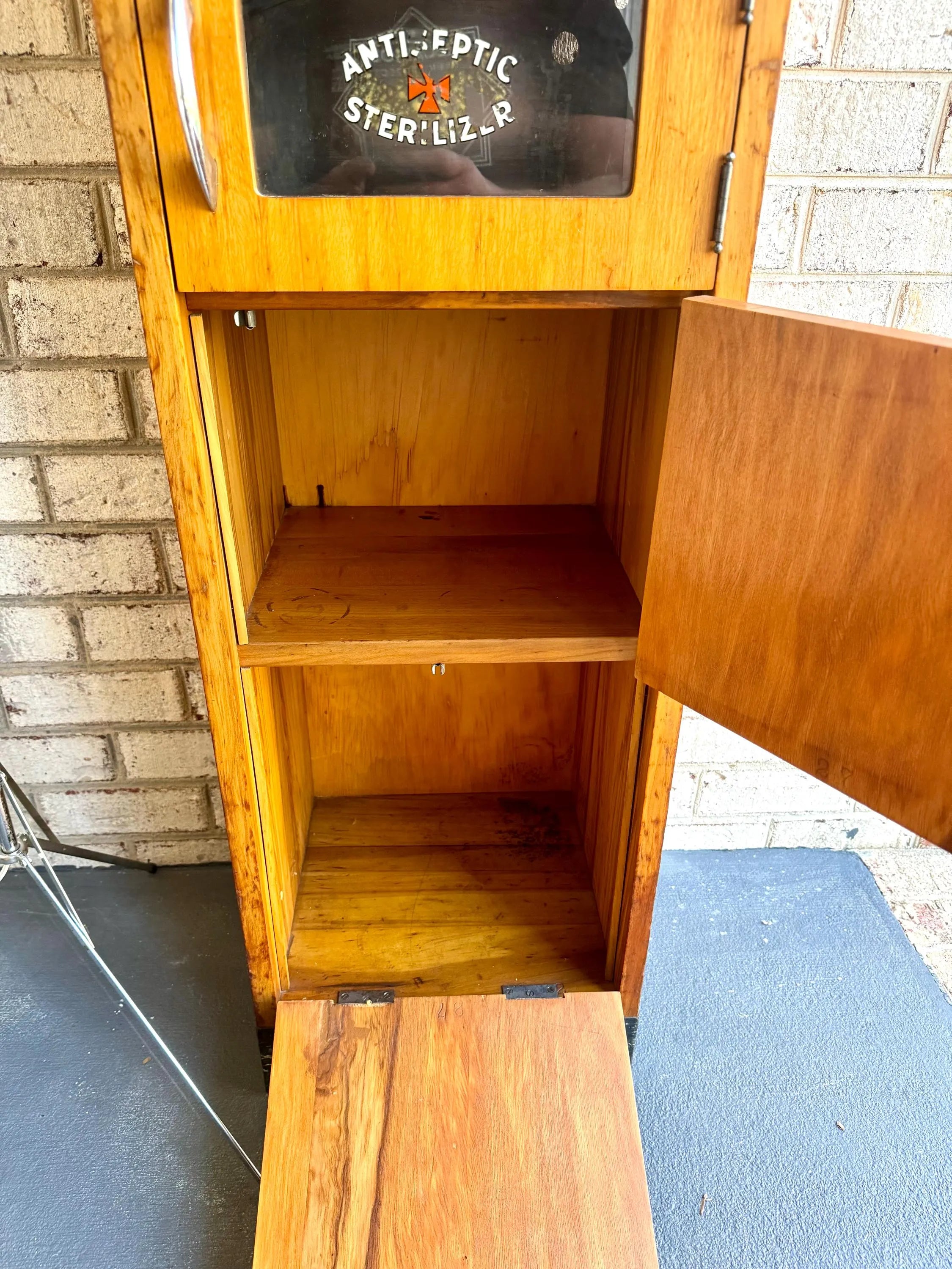 Vtg Tall Medical Sterilizer Cabinet Tower | Wood Sterilizer Cabinet | Raidar Antiseptic Barber Cabinet | Tall Bar Cabinet