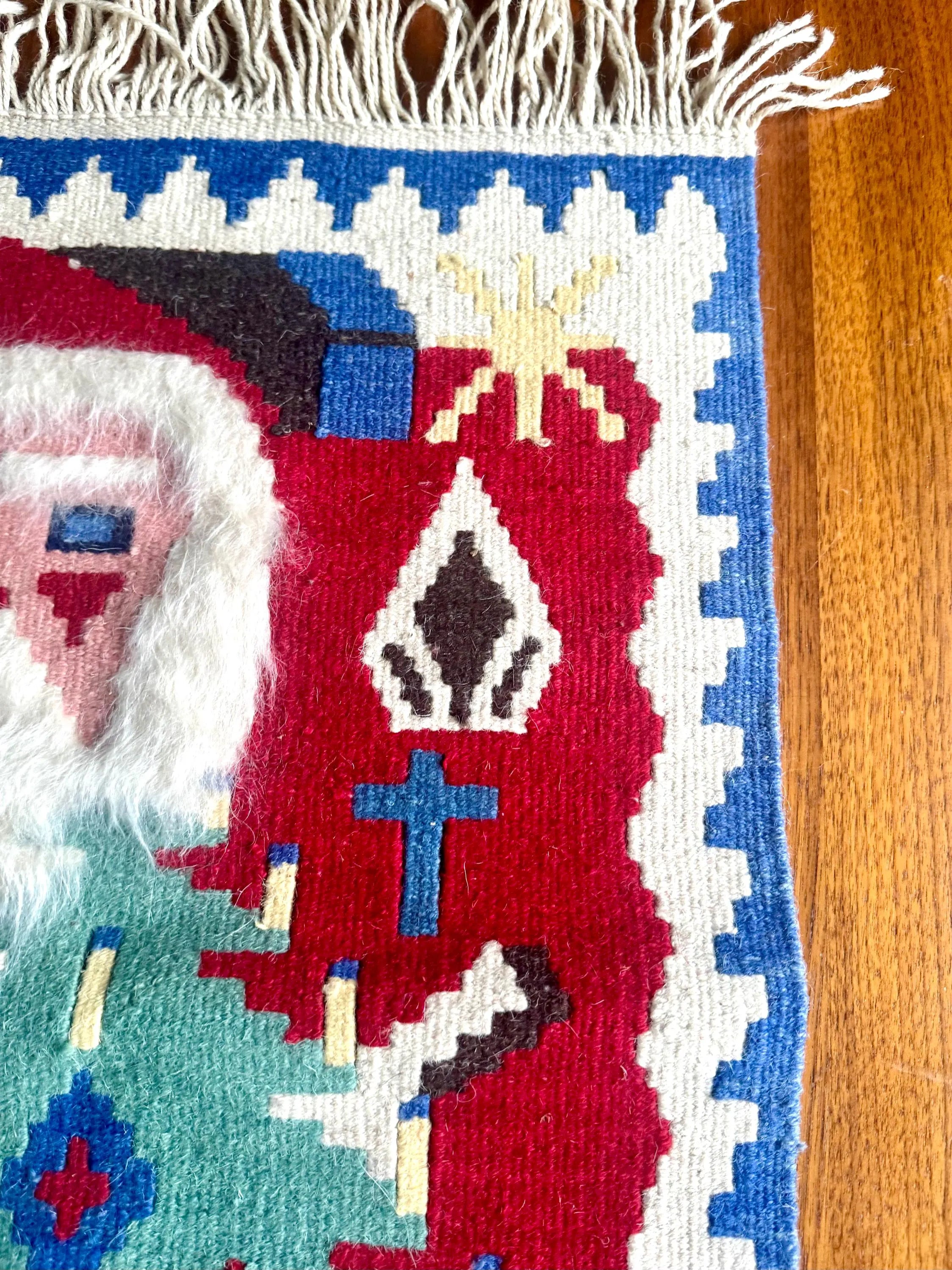 Vtg Baba Noel Kilim Turkish Tapestry | Small Santa Claus Kilim Rug | Christmas Fold Art Fuzzy Bearded Santa Tapestry | Double Sided Rug