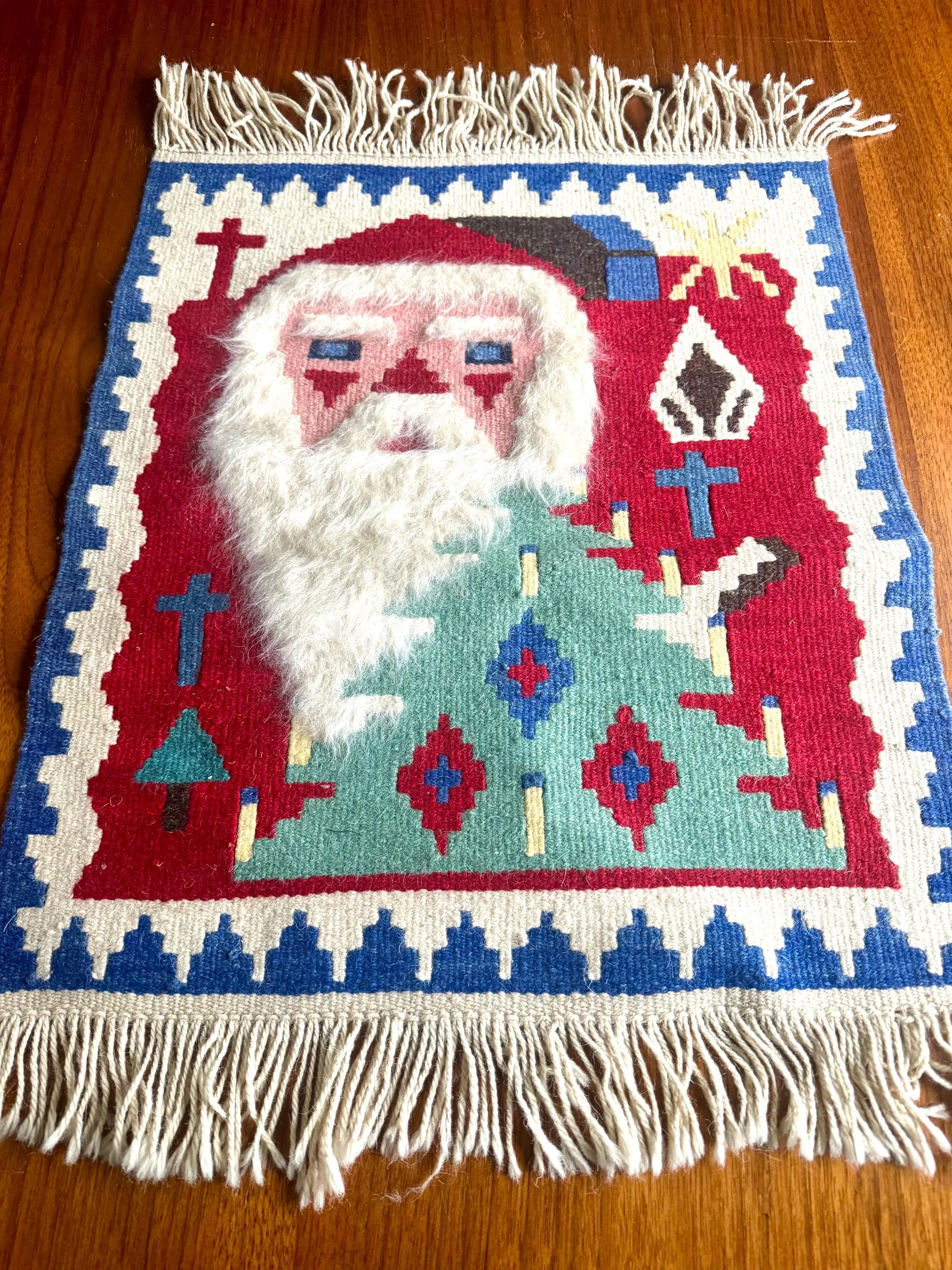 Vtg Baba Noel Kilim Turkish Tapestry | Small Santa Claus Kilim Rug | Christmas Fold Art Fuzzy Bearded Santa Tapestry | Double Sided Rug