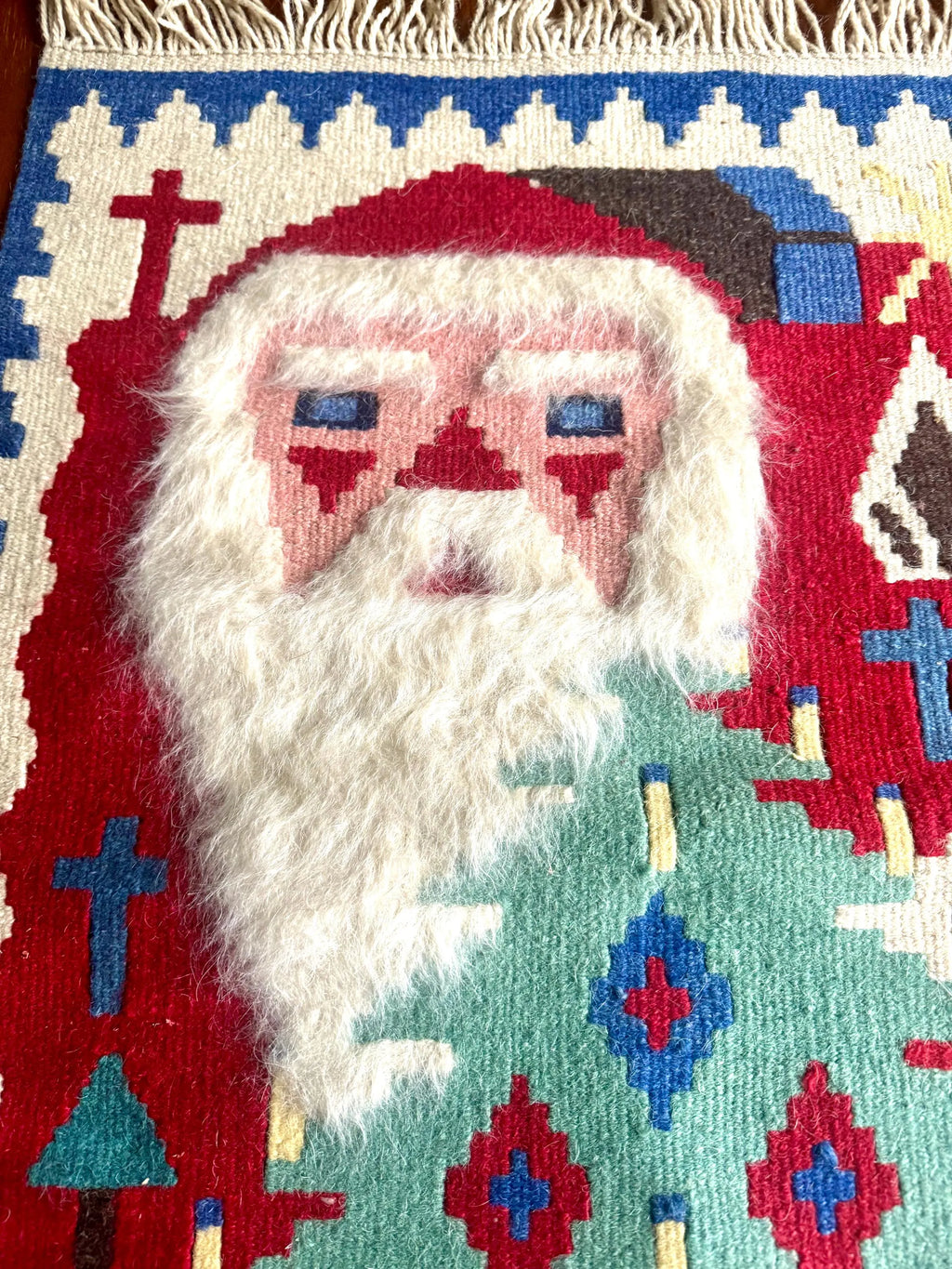 Vtg Baba Noel Kilim Turkish Tapestry | Small Santa Claus Kilim Rug | Christmas Fold Art Fuzzy Bearded Santa Tapestry | Double Sided Rug