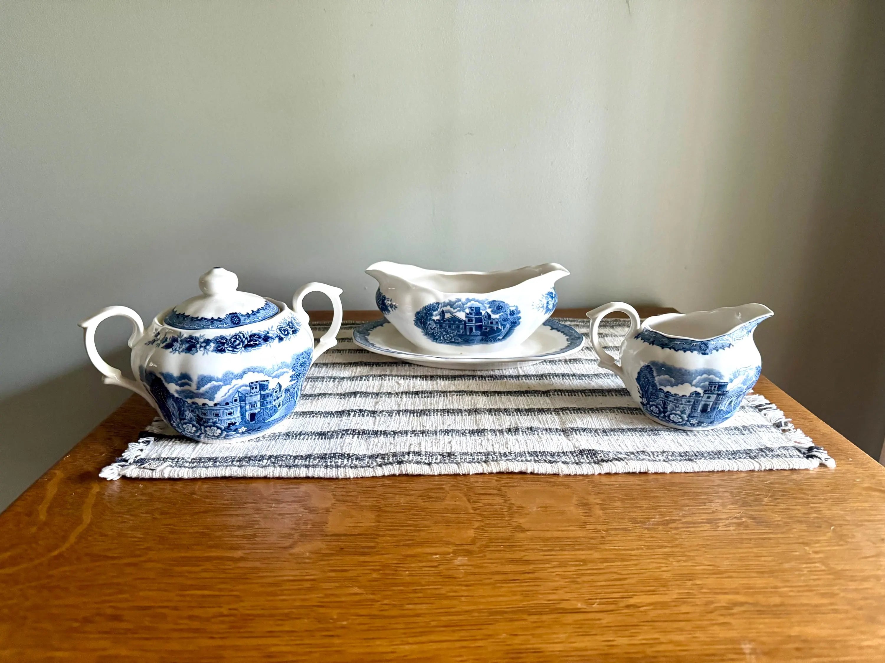 Vtg Nikko Blue Over White Serving Dishes | Nikko Double Phoenix Blue Castle & Floral Print Serving China | 3 Blue Print Serving Dishes