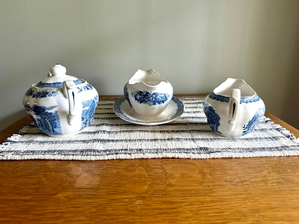 Vtg Nikko Blue Over White Serving Dishes | Nikko Double Phoenix Blue Castle & Floral Print Serving China | 3 Blue Print Serving Dishes