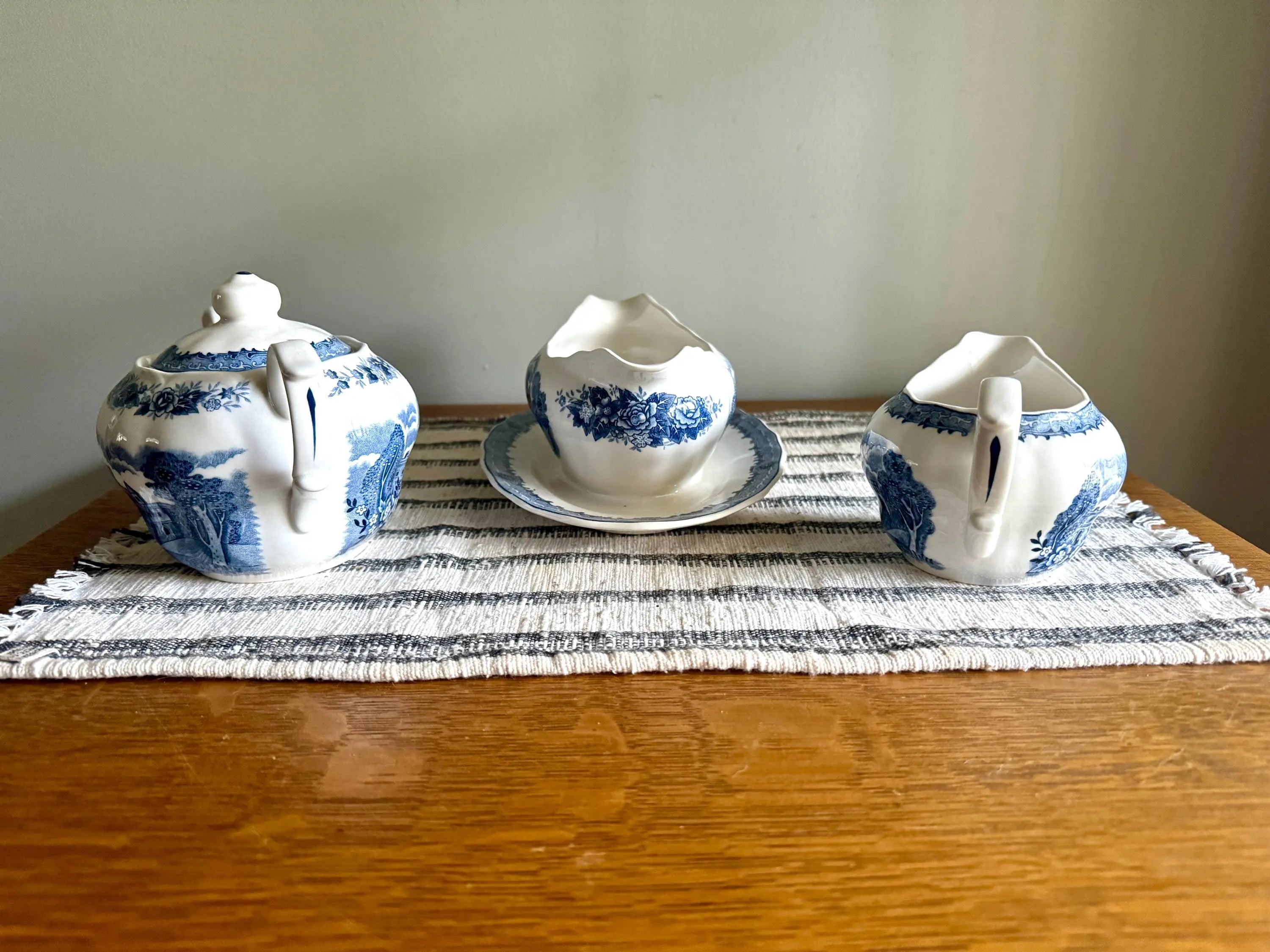 Vtg Nikko Blue Over White Serving Dishes | Nikko Double Phoenix Blue Castle & Floral Print Serving China | 3 Blue Print Serving Dishes
