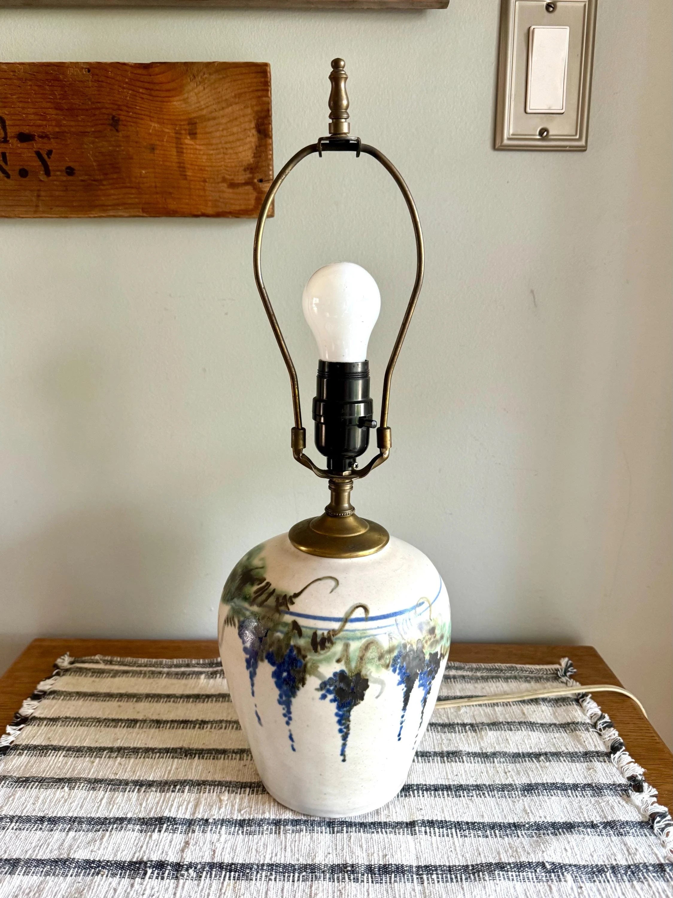 Vtg Grape Vineyard Glazed Pottery Lamp | Small Signed Studio Pottery Ceramic  Lamp | Hand Painted Grape Design Ceramic Lamp