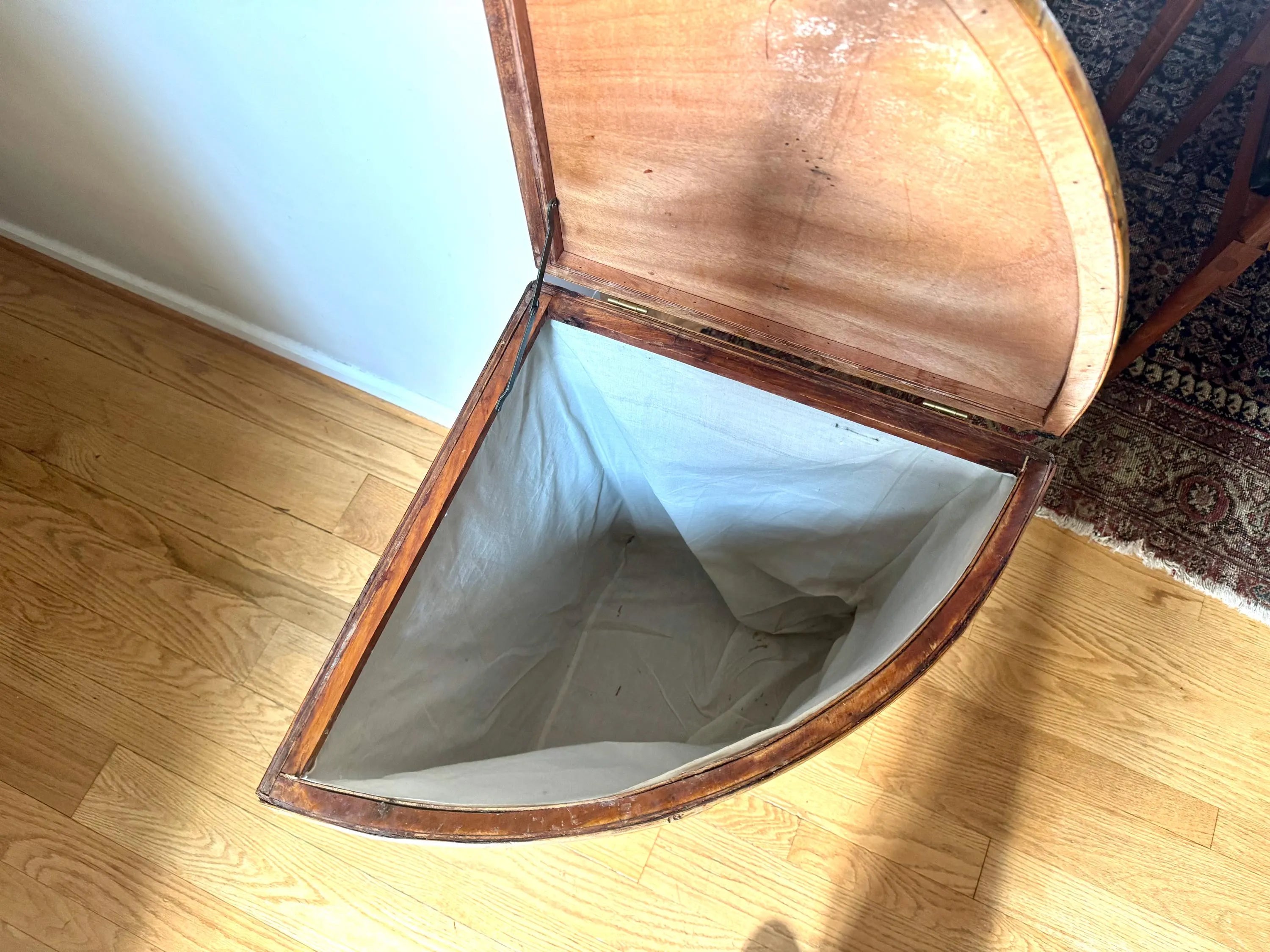 Vtg Large Rattan Corner Hamper | Coastal Woven Rattan Corner Hamper Basket with Linen Liner | Wicker and Bamboo Corner Hamper