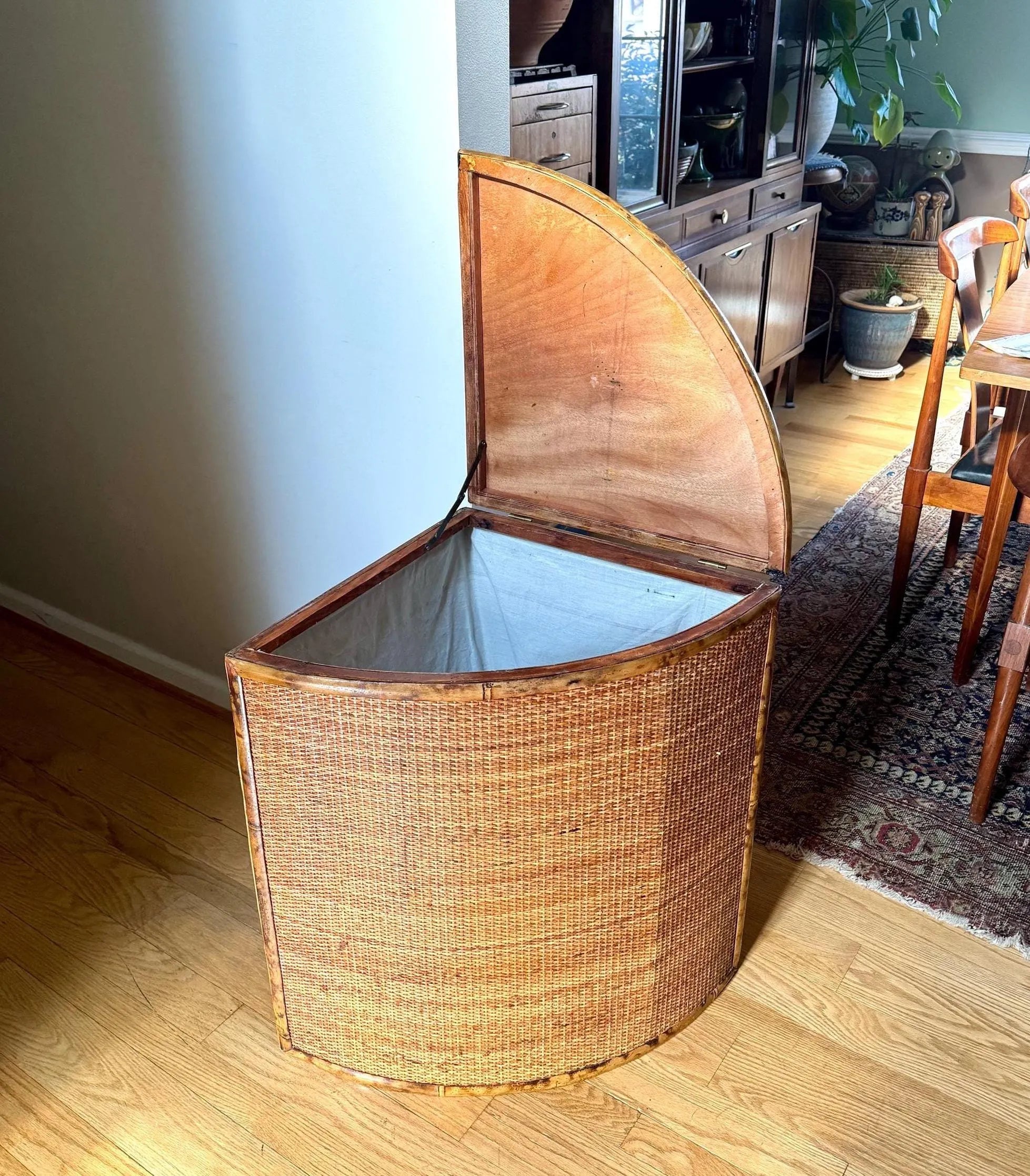 Vtg Large Rattan Corner Hamper | Coastal Woven Rattan Corner Hamper Basket with Linen Liner | Wicker and Bamboo Corner Hamper