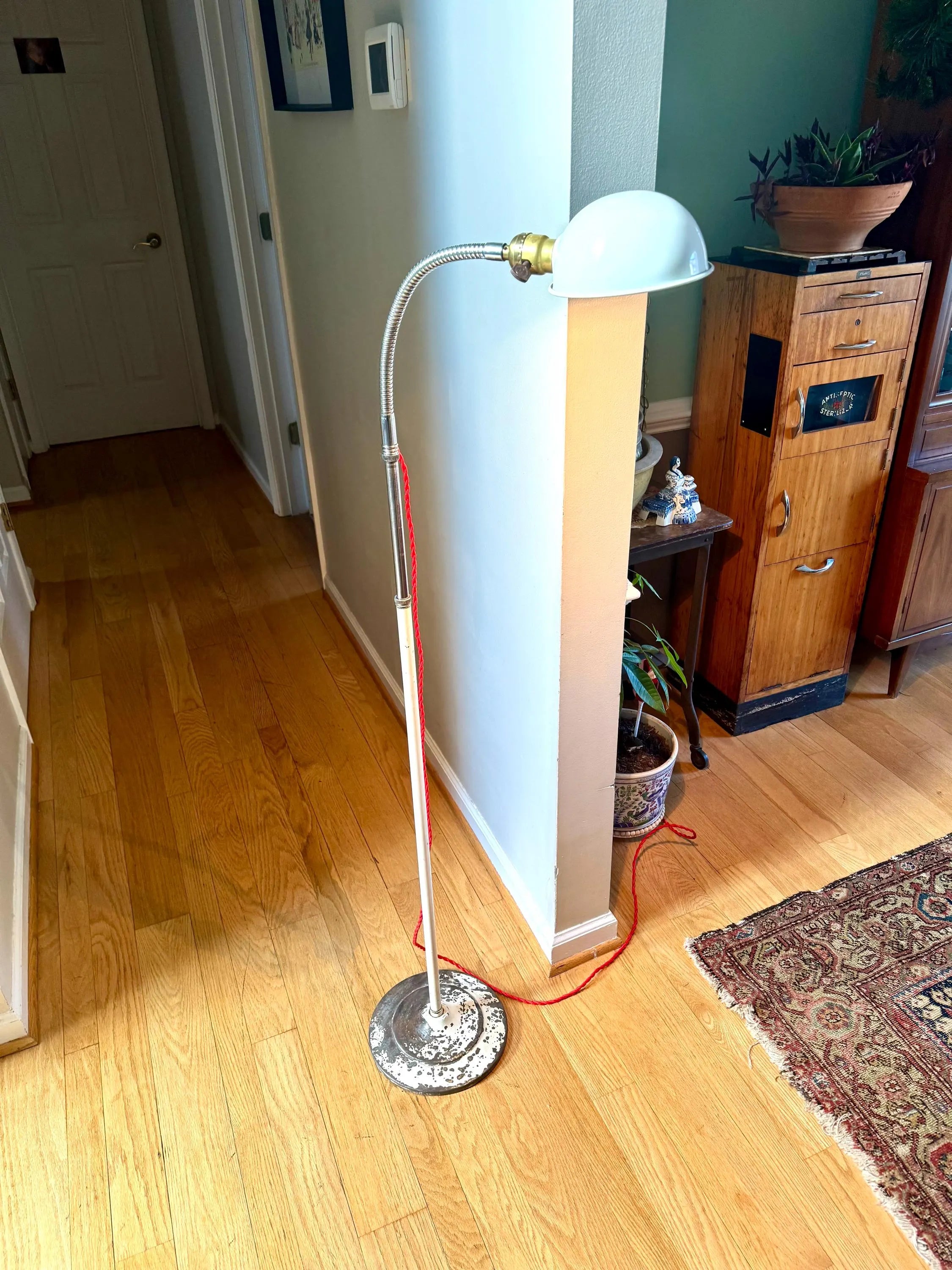 Vtg Distressed A.S. Aloe Co. Gooseneck Floor Lamp | White and Chrome Gooseneck Floor Lamp| Medical Light | Rewired Industrial Floor Lamp